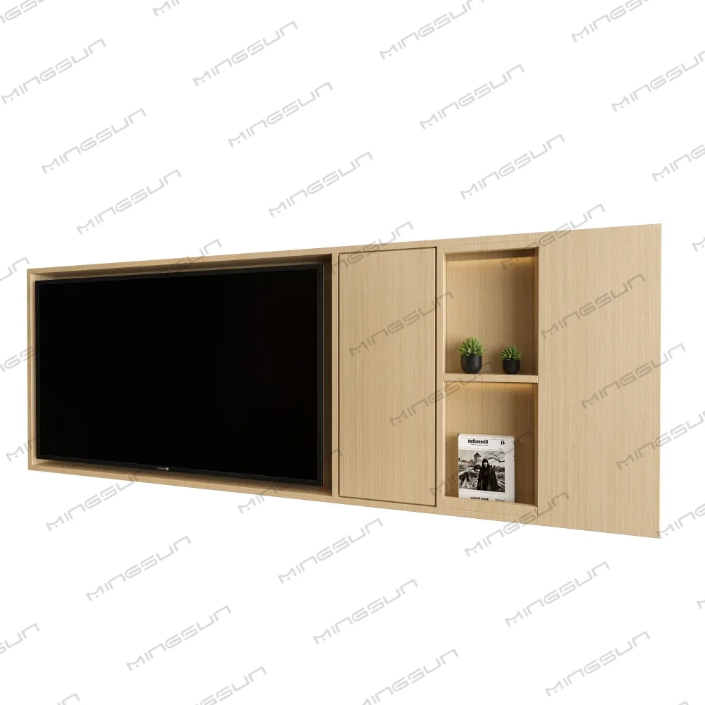 Wall-mounted entertainment unit with television, storage cabinet, and display shelves. - MINGSUN