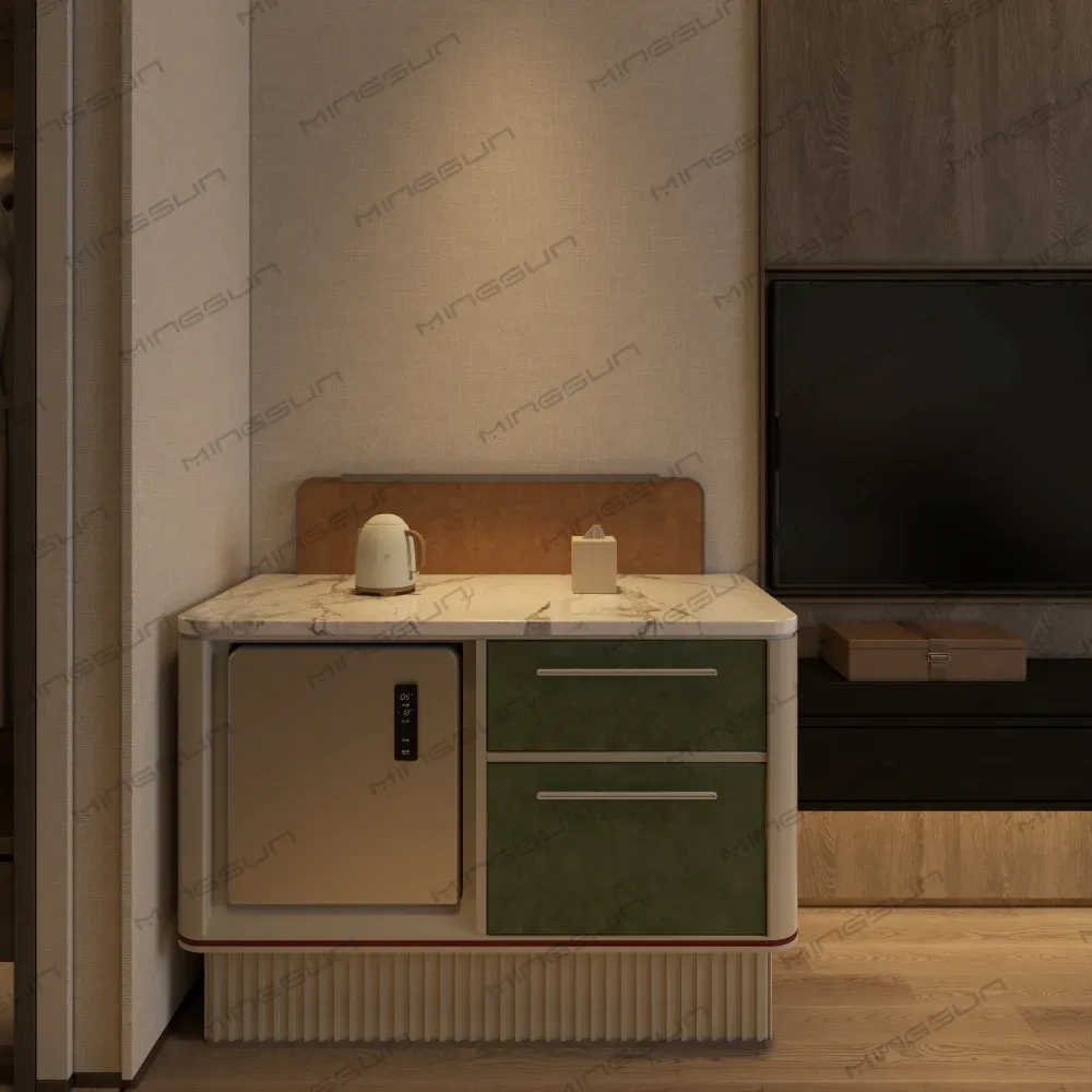 Hotel room cabinet with marble top, mini-fridge, green drawers, kettle, and tissue box. - MINGSUN Hotel room cabinet with marble top, mini-fridge, green drawers, kettle, and tissue box. - MINGSUN