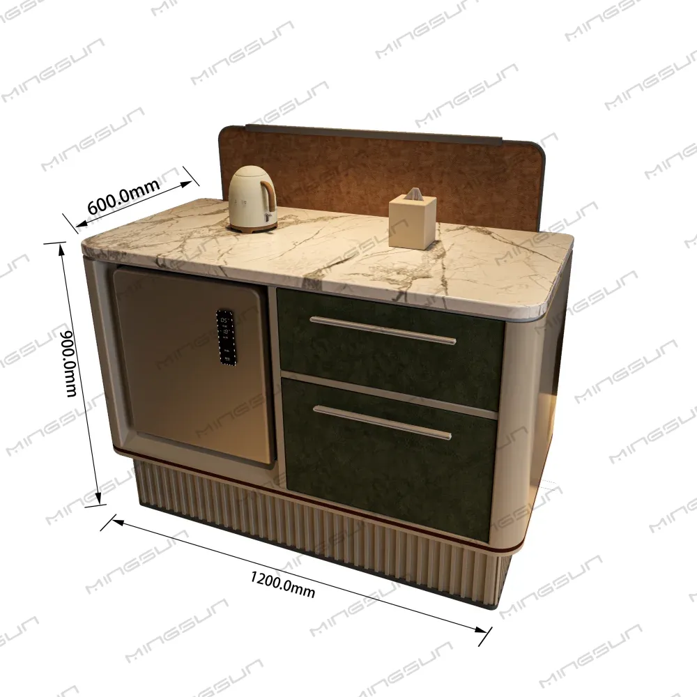 Modern sideboard with marble top, built-in safe, and olive green drawers, with dimensions labeled. - MINGSUN Modern sideboard with marble top, built-in safe, and olive green drawers, with dimensions labeled. - MINGSUN
