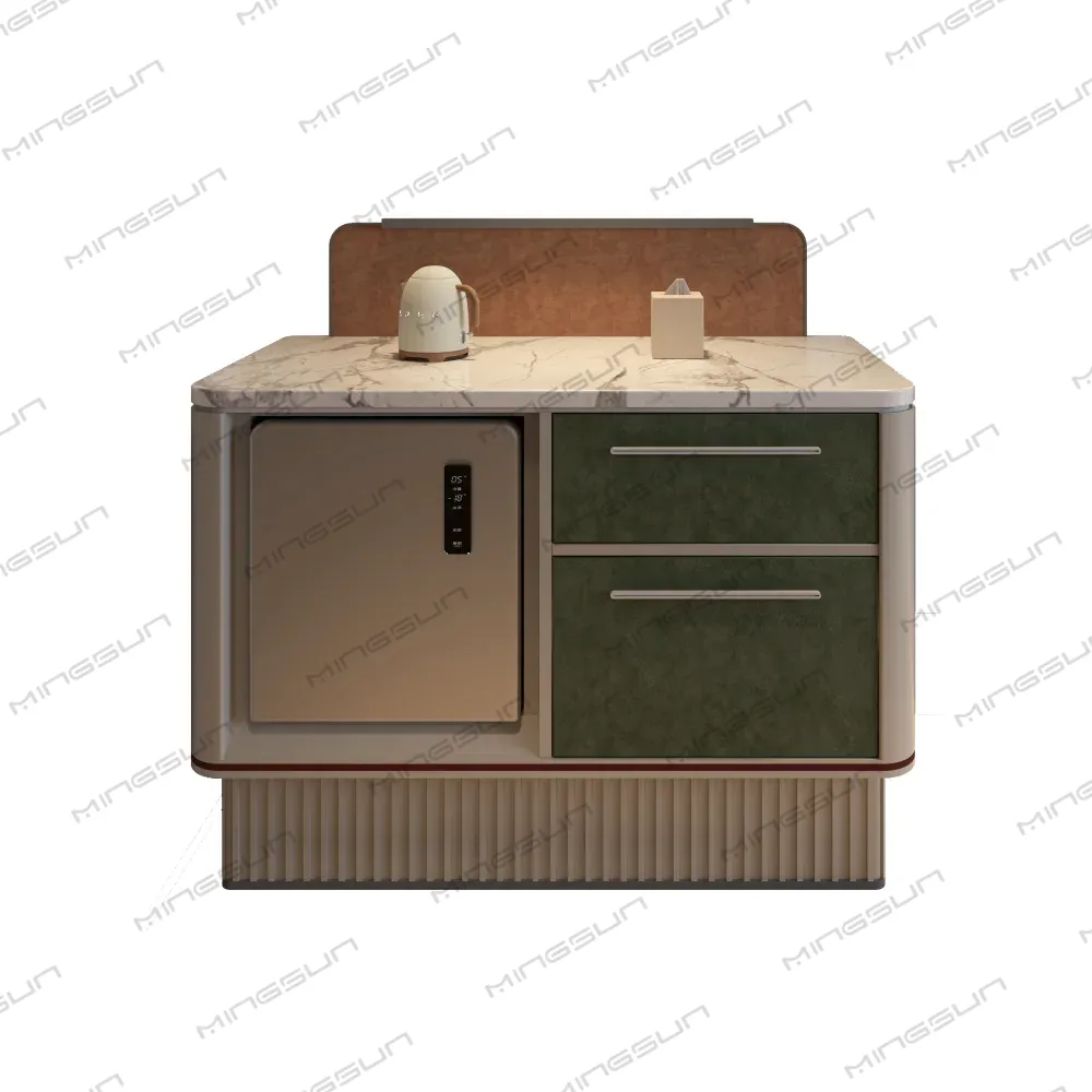 Modern sideboard with a marble top, built-in refrigerator, and two drawers. - MINGSUN Modern sideboard with a marble top, built-in refrigerator, and two drawers. - MINGSUN