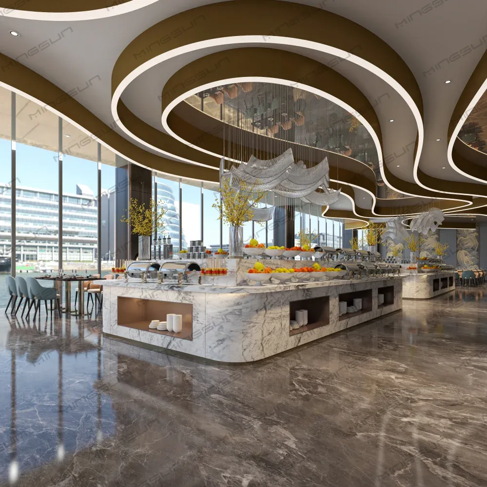 Modern hotel buffet with marble countertops and large windows overlooking the water. - MINGSUN