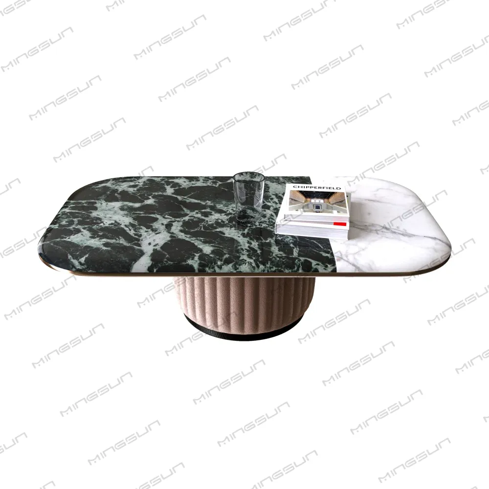 Modern coffee table with a split marble top, glass, and stacked books. - MINGSUN Modern coffee table with a split marble top, glass, and stacked books. - MINGSUN