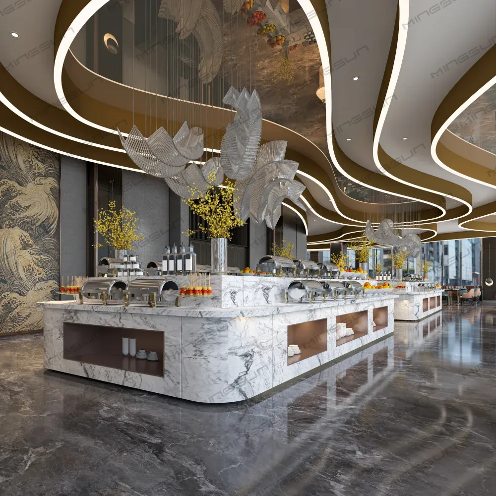 Opulent-hotel-buffet-with-marble-serving-stations-and-a-decorative-ceiling. - MINGSUN Opulent hotel buffet with marble serving stations and a decorative ceiling. - MINGSUN