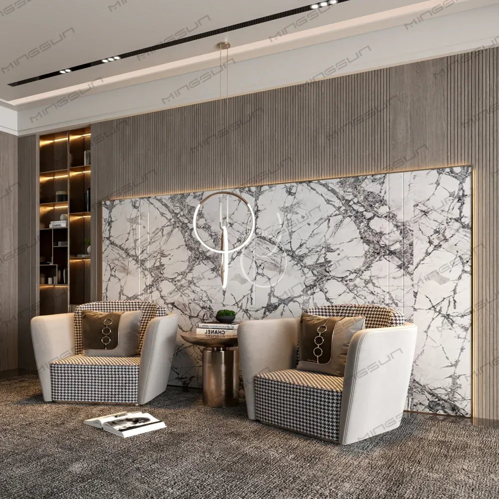 Living room with houndstooth armchairs, marble wall accent, and round pendant light. - MINGSUN