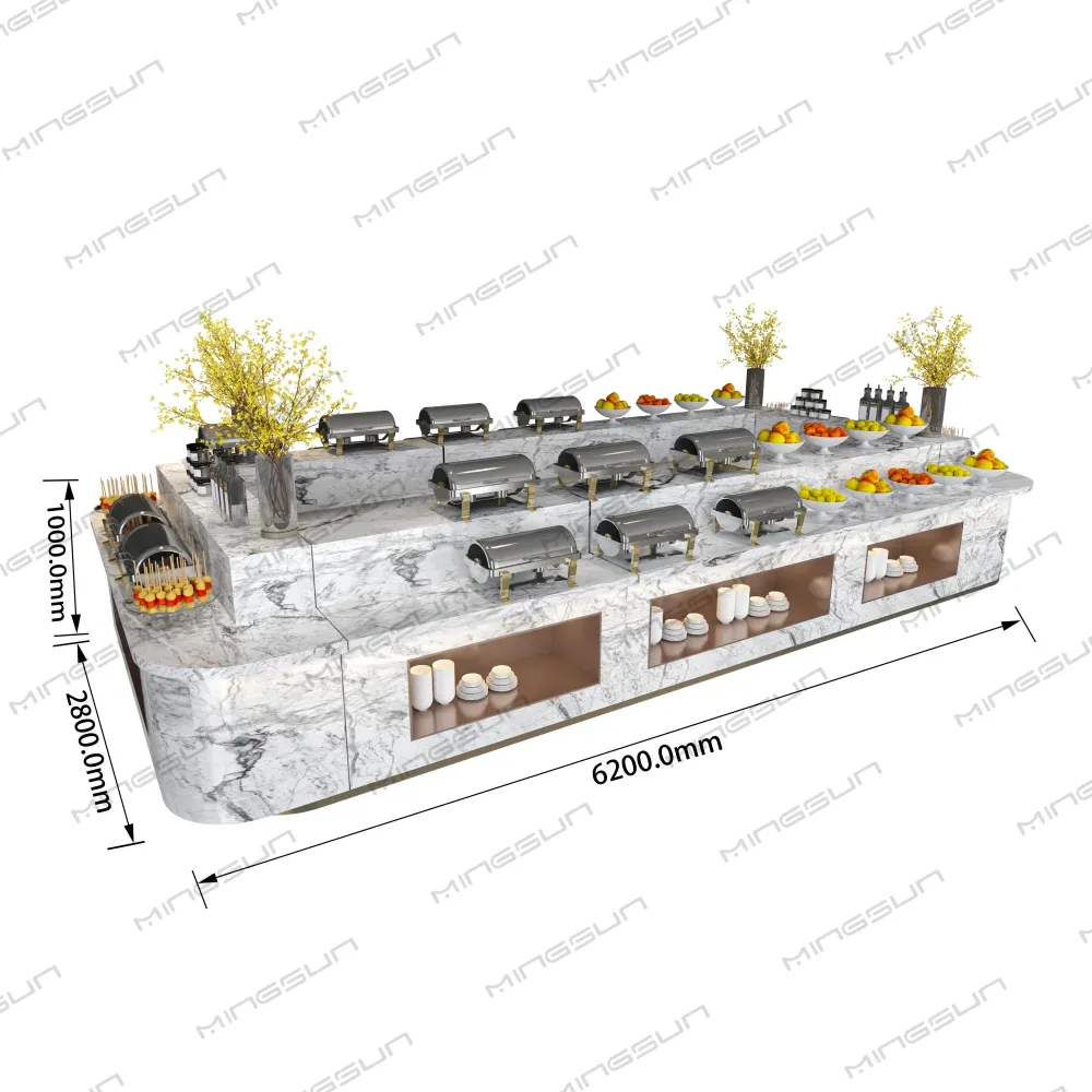 Full view of a marble buffet station with dimensions, food warmers, fruit, and decorative flowers. - MINGSUN