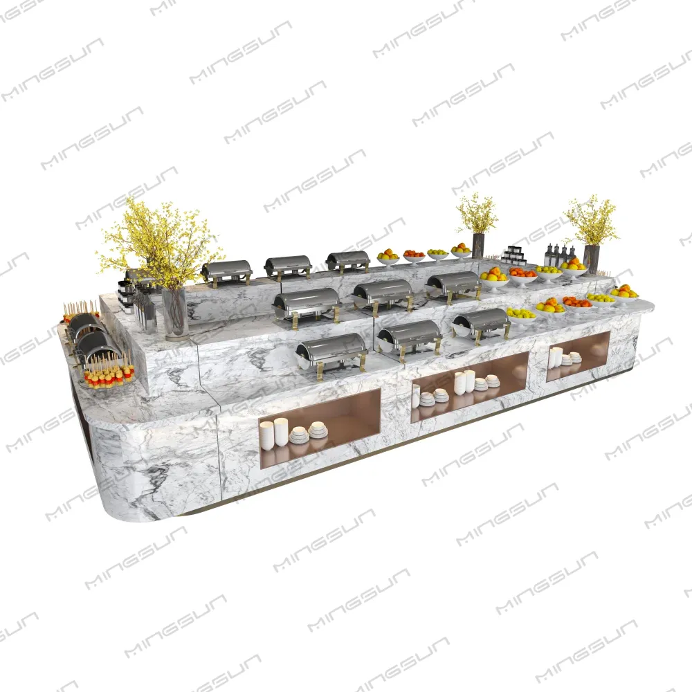 Buffet table with chafing dishes, fruit, candles, and floral arrangements. - MINGSUN