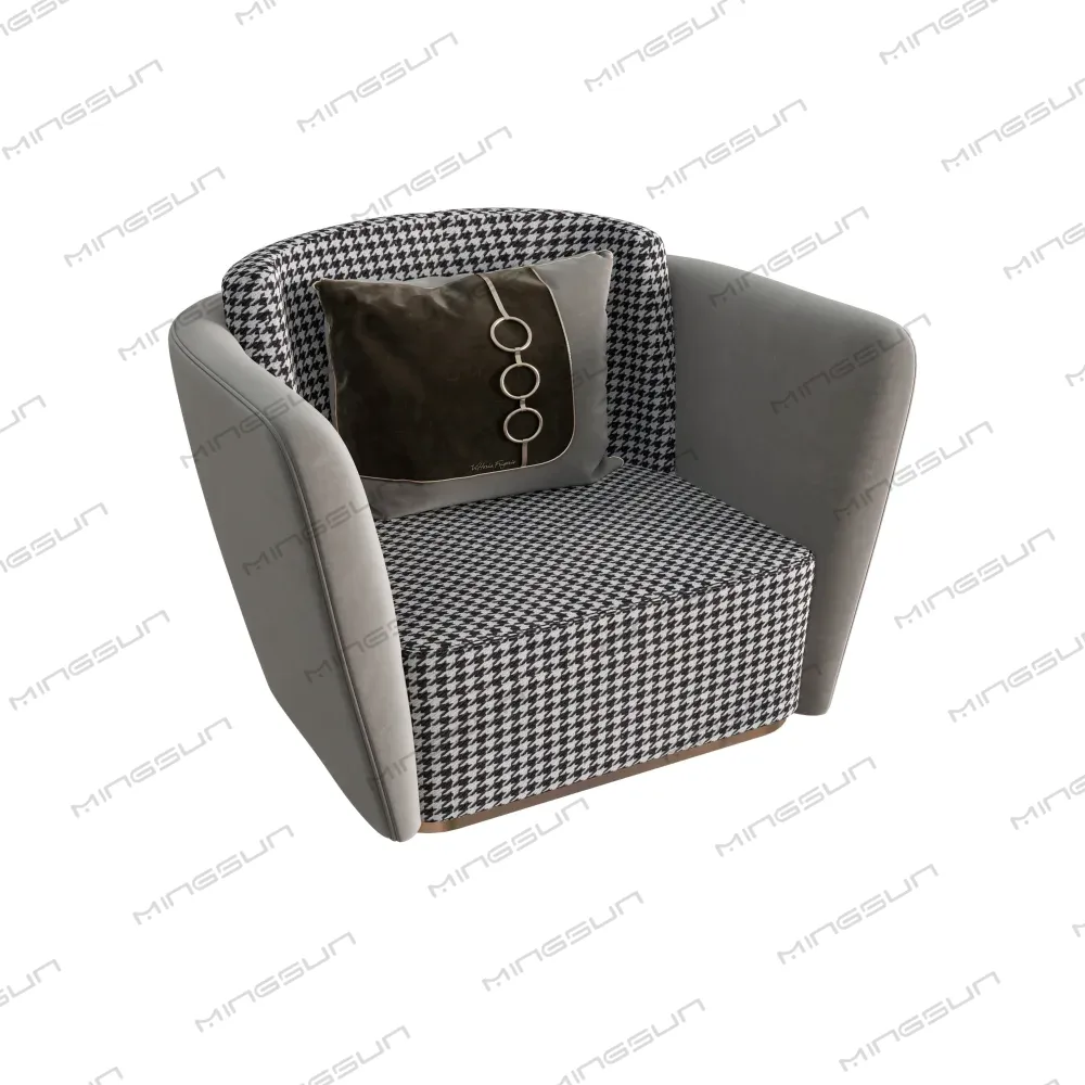 Houndstooth patterned chair with grey velvet-like upholstery and a decorative pillow. - MINGSUN