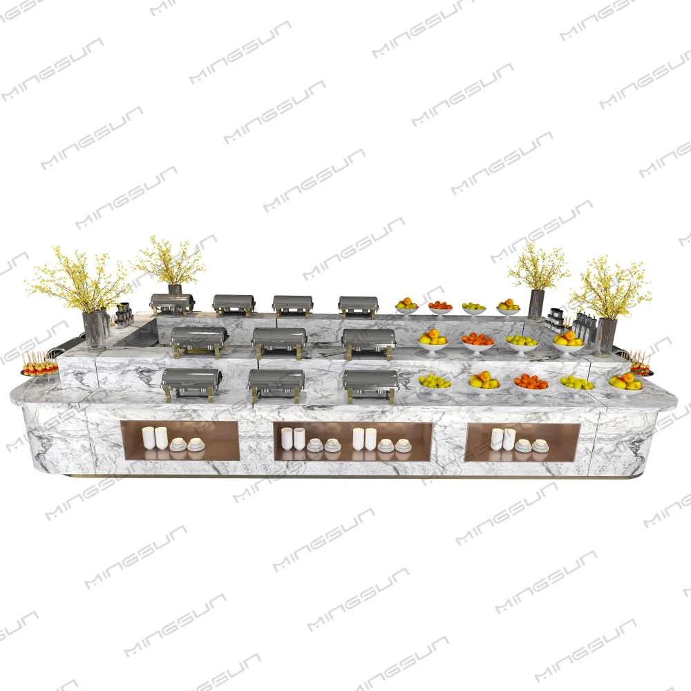 Marble buffet table with chafing dishes, fruit bowls, and decorative floral arrangements. - MINGSUN Marble buffet table with chafing dishes, fruit bowls, and decorative floral arrangements. - MINGSUN