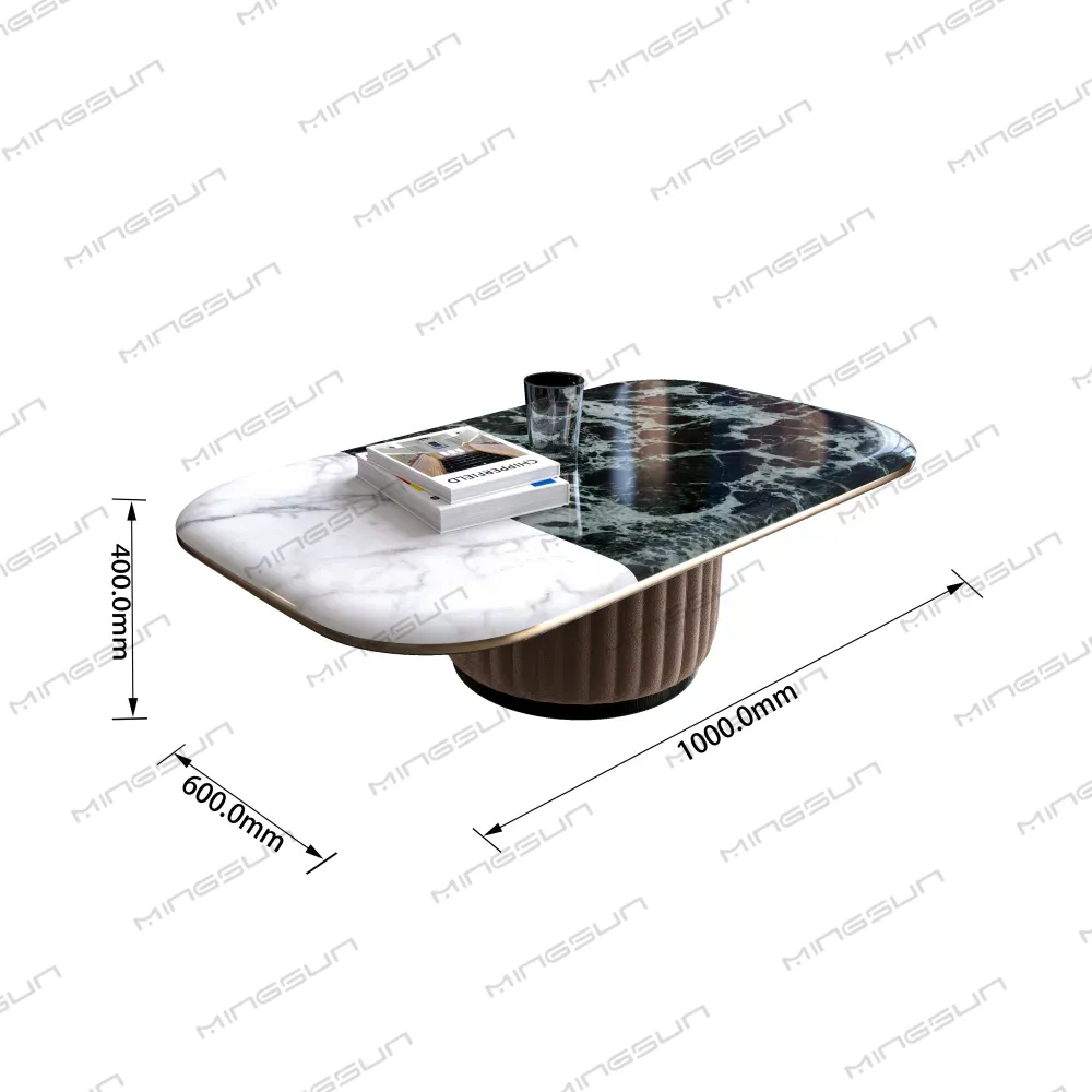 Modern coffee table with split marble top, textured base, and dimension markings. - MINGSUN Modern coffee table with split marble top, textured base, and dimension markings. - MINGSUN