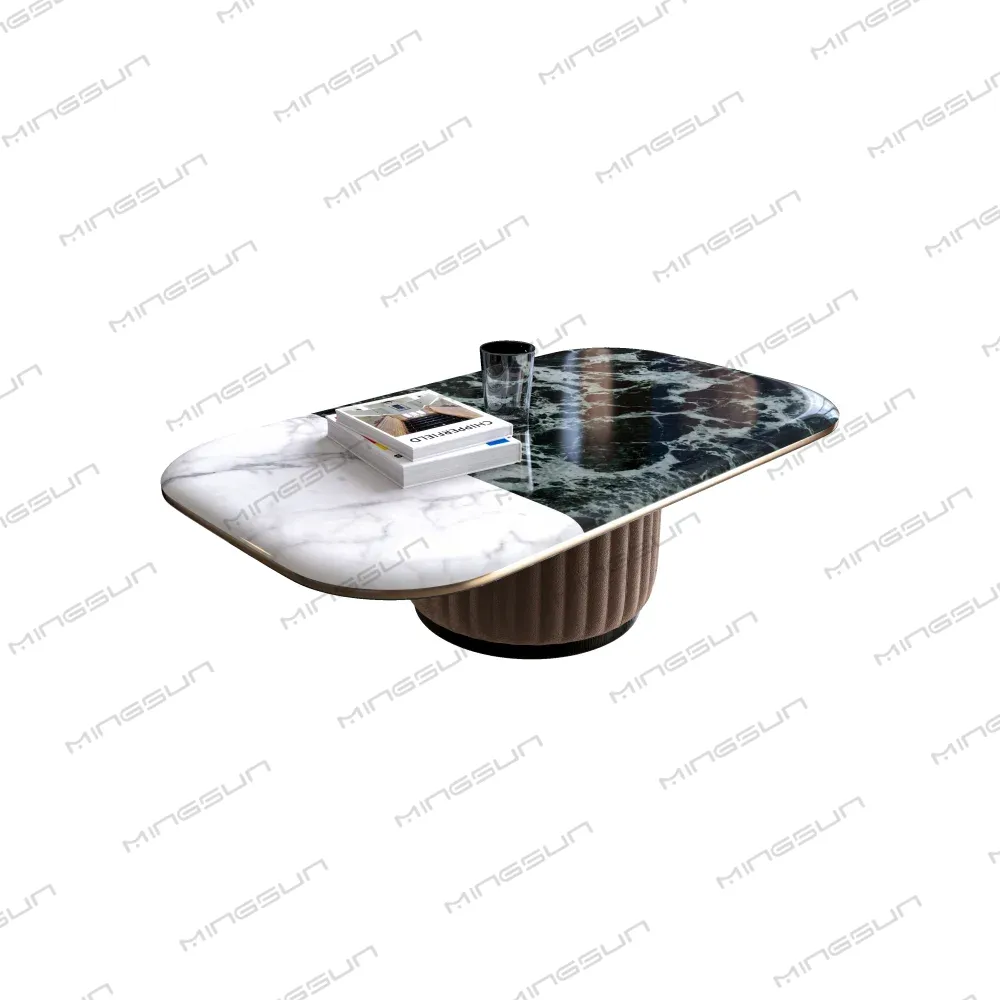 Modern coffee table with marble and textured upholstery, featuring a book and a glass. - MINGSUN Modern coffee table with marble and textured upholstery, featuring a book and a glass. - MINGSUN