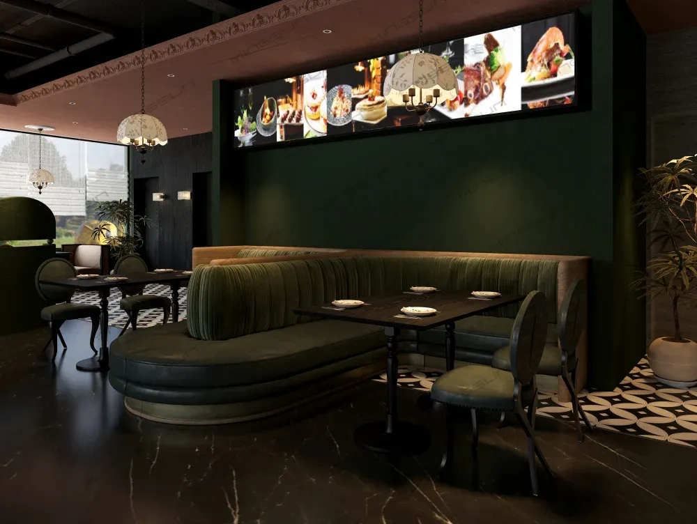 Interior-of-a-modern-restaurant-with-olive-green-velvet-seating-and-a-digital-menu-board. - MINGSUN Interior of a modern restaurant with olive green velvet seating and a digital menu board. - MINGSUN