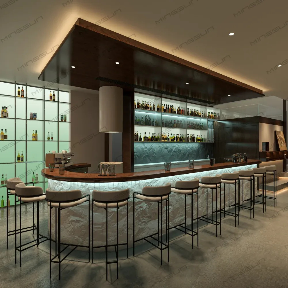 Modern bar interior with stools, illuminated liquor shelves, and textured stone counter. - MINGSUN Modern bar interior with stools, illuminated liquor shelves, and textured stone counter. - MINGSUN