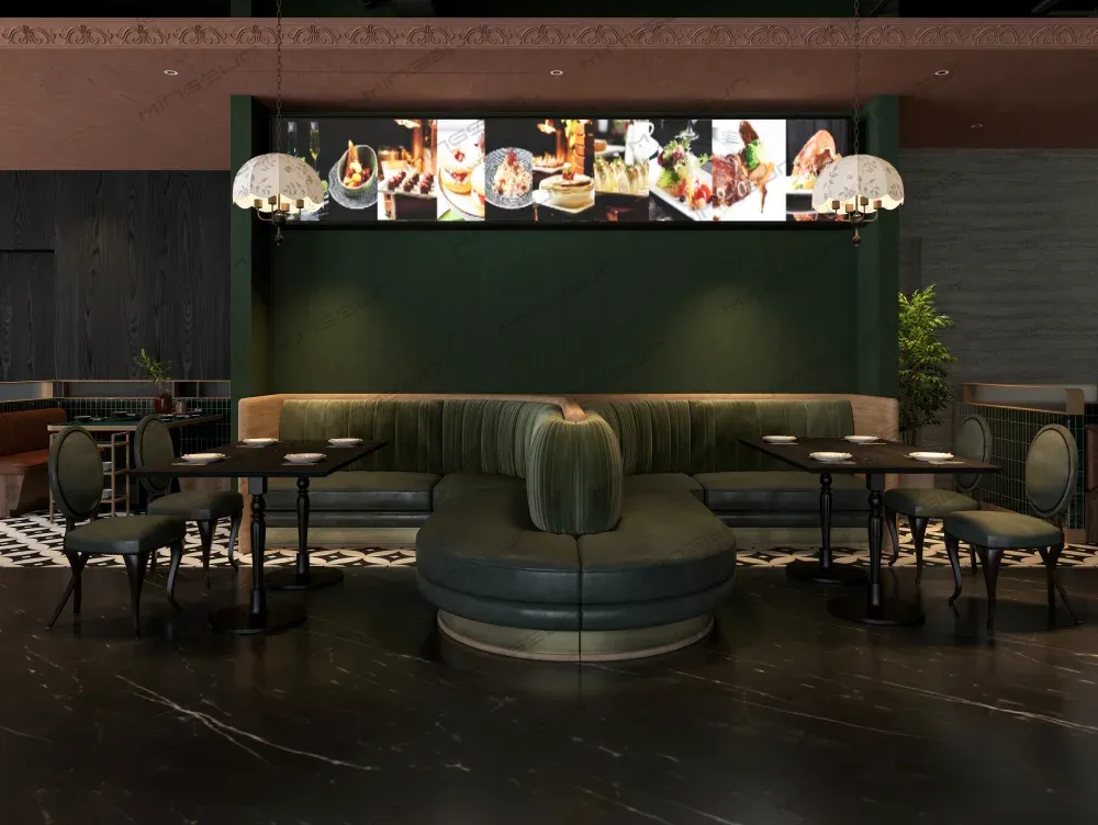 Restaurant interior with booth seating, dark wood tables, and a food photography display. - MINGSUN Restaurant interior with booth seating, dark wood tables, and a food photography display. - MINGSUN