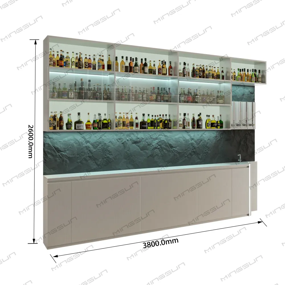 Home bar setup with illuminated liquor shelving, stone backsplash, and cabinet base, dimensioned for 2600mm height and 3800mm width. - MINGSUN