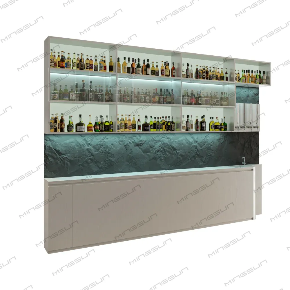 Well-stocked home bar with liquor bottles, beer taps, and a textured backsplash. - MINGSUN