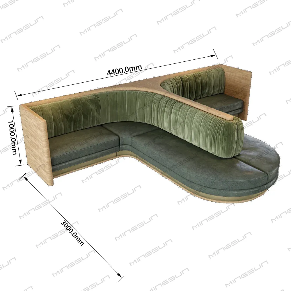 Rendering of a curved, green upholstered booth seating with dimensions. - MINGSUN Rendering of a curved, green upholstered booth seating with dimensions. - MINGSUN