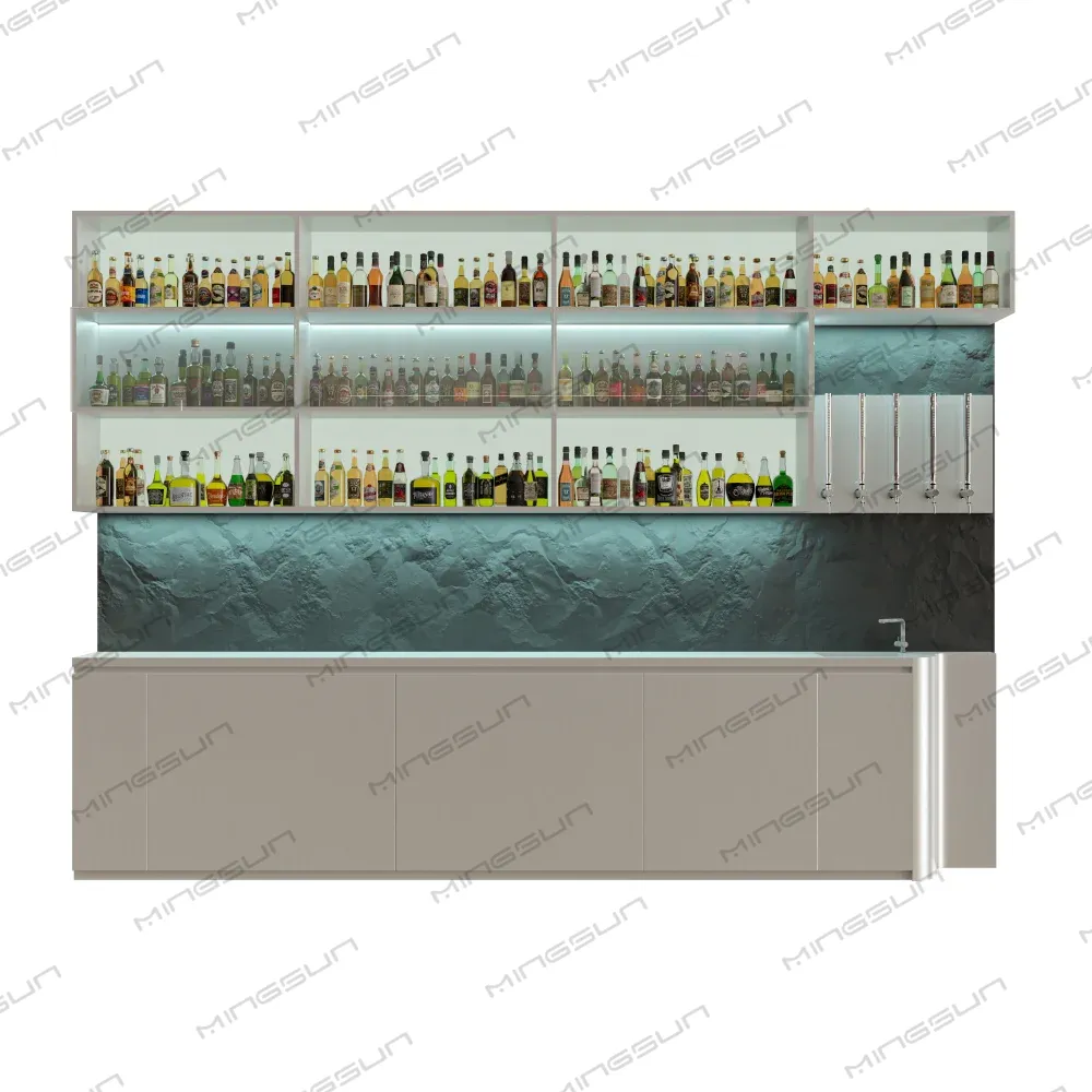 Well-stocked bar with bottles and beer taps. - MINGSUN