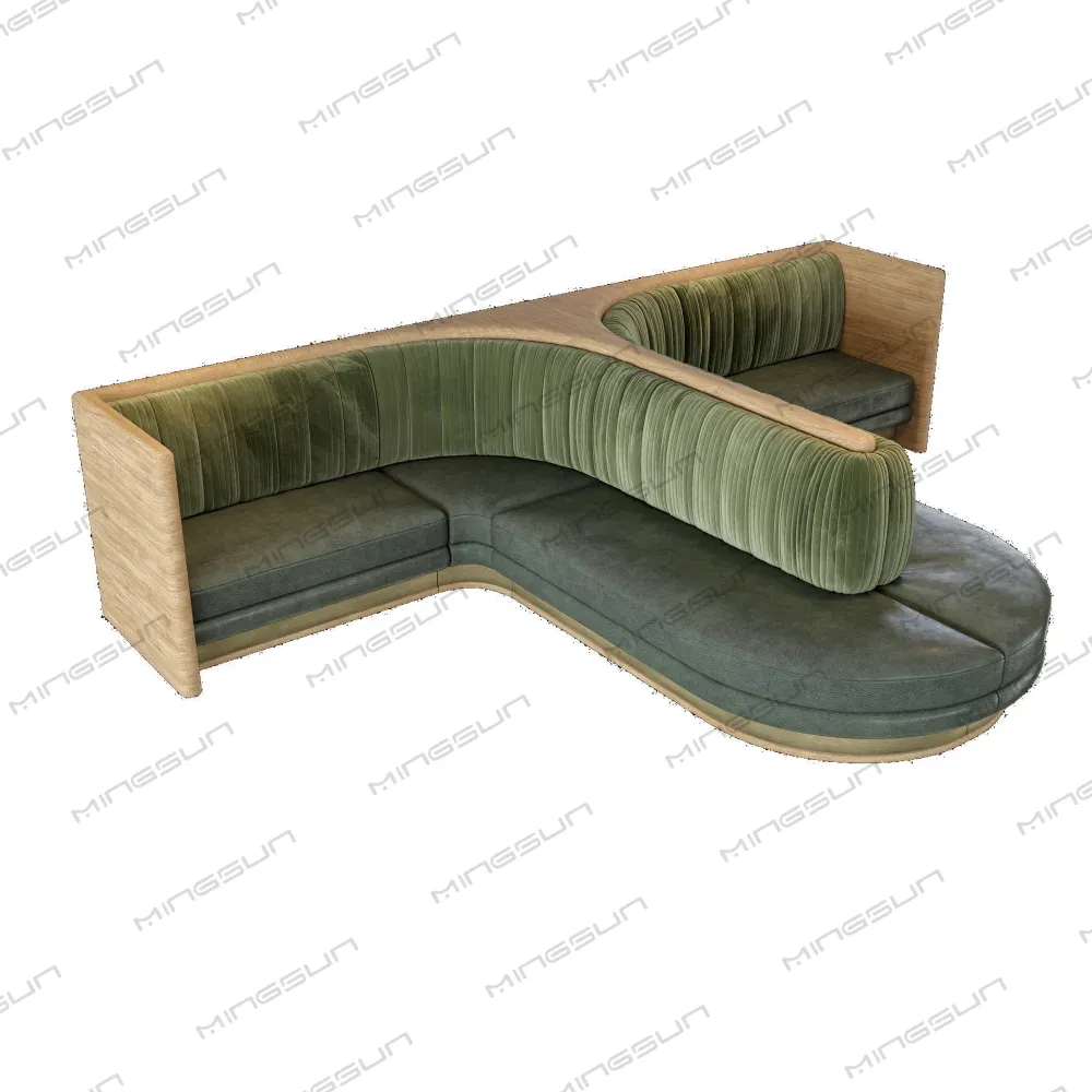 Olive green velvet booth seating with a wooden frame. - MINGSUN Olive green velvet booth seating with a wooden frame. - MINGSUN