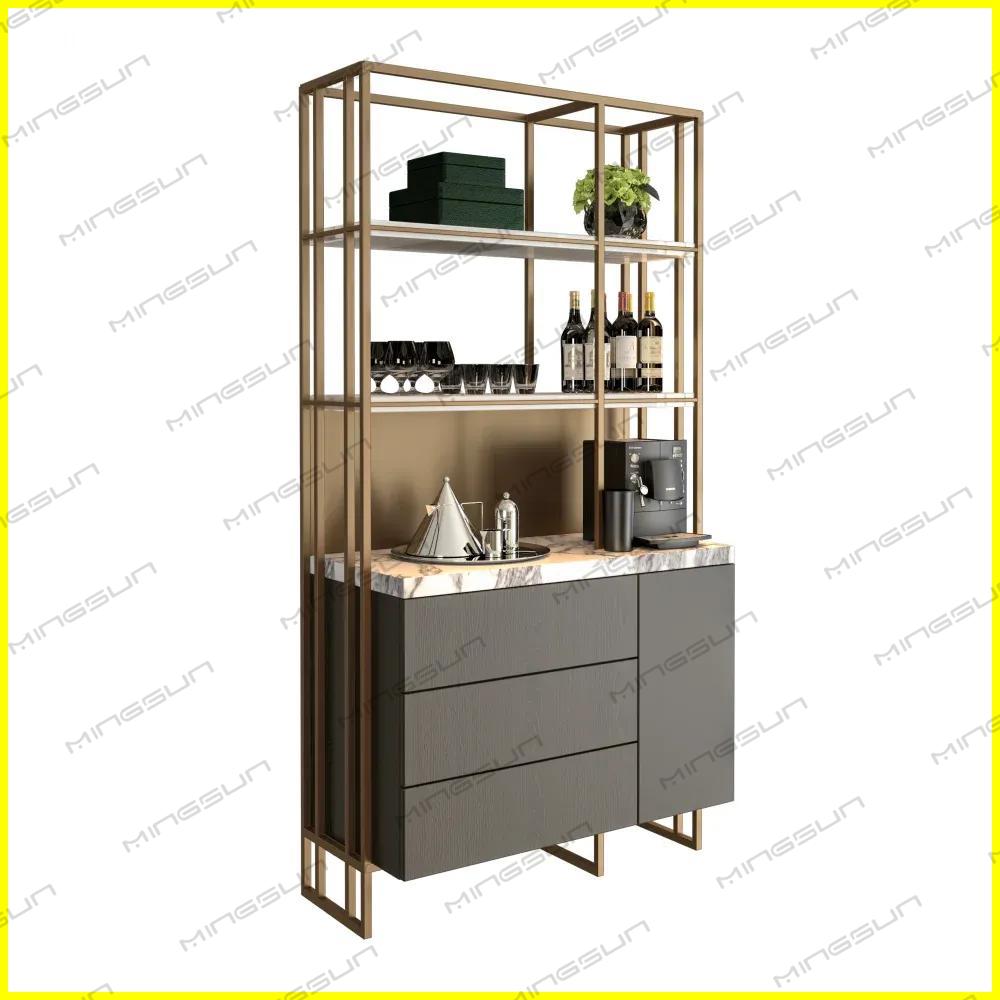 Modern grey bar cabinet with gold metal frame, marble countertop, and open shelving. - MINGSUN