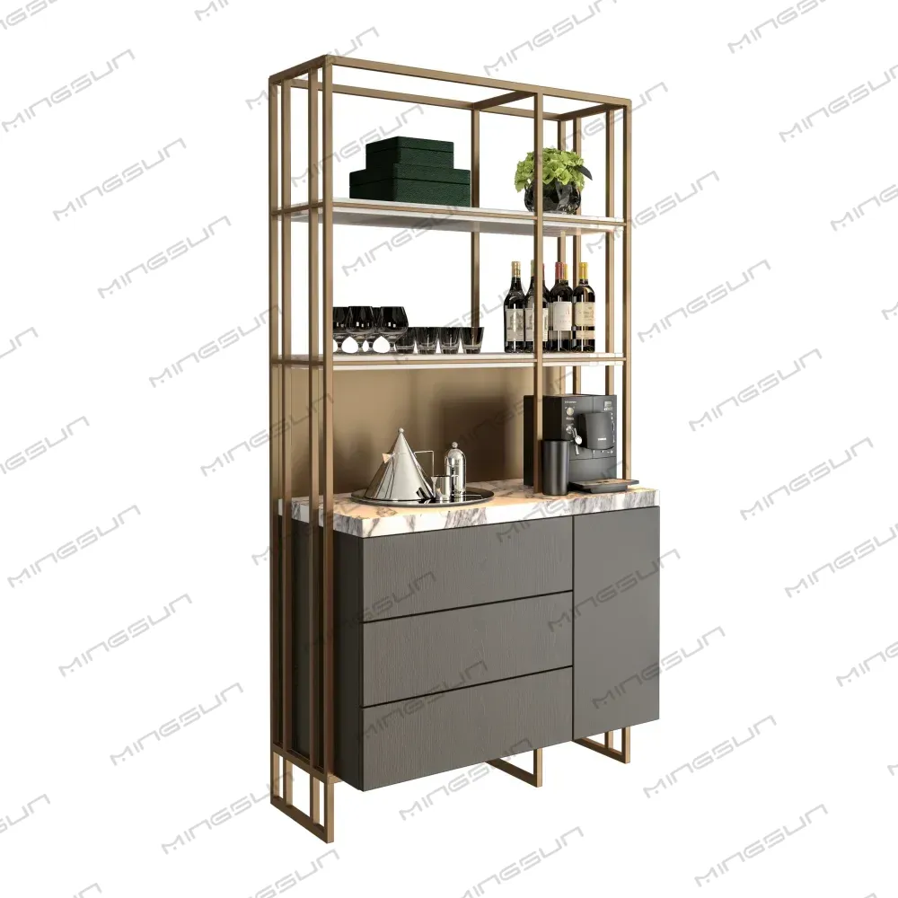 Modern grey bar cabinet with gold metal frame, marble countertop, and open shelving. - MINGSUN