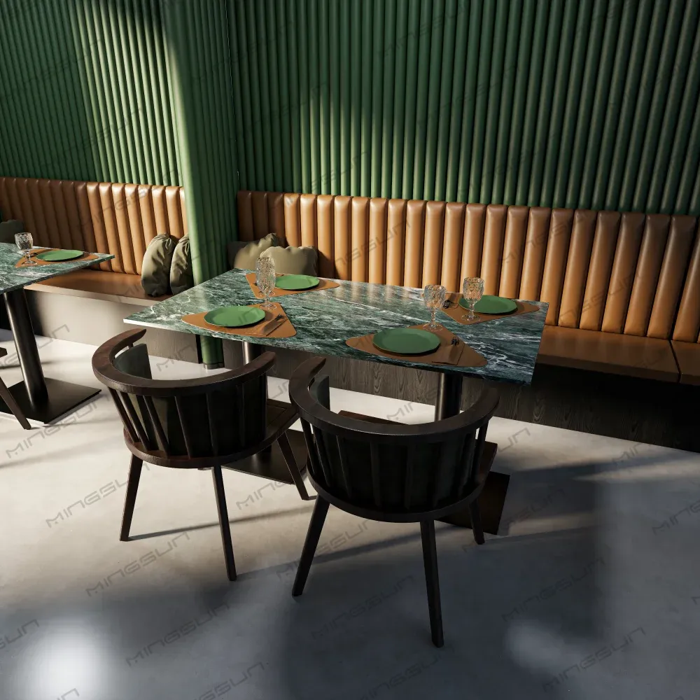 Restaurant-interior-with-green-marble-tables,-brown-leather-booth-seating,-and-dark-wood-chairs. - MINGSUN Restaurant interior with green marble tables, brown leather booth seating, and dark wood chairs. - MINGSUN