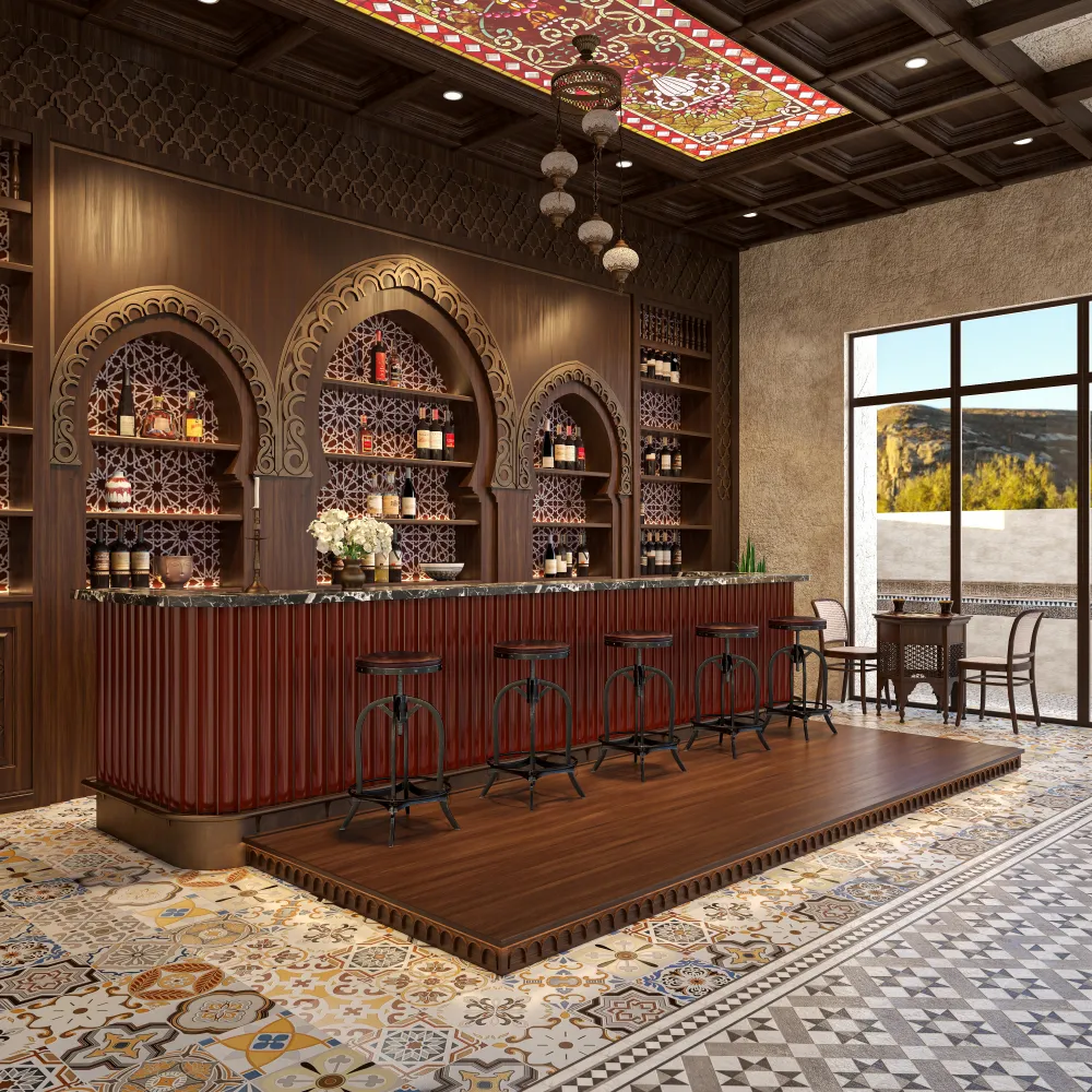 arabic style hotel bar counter with red fluted paneling and luxury black marble top for exotic theme lounge interior - MINGSUN