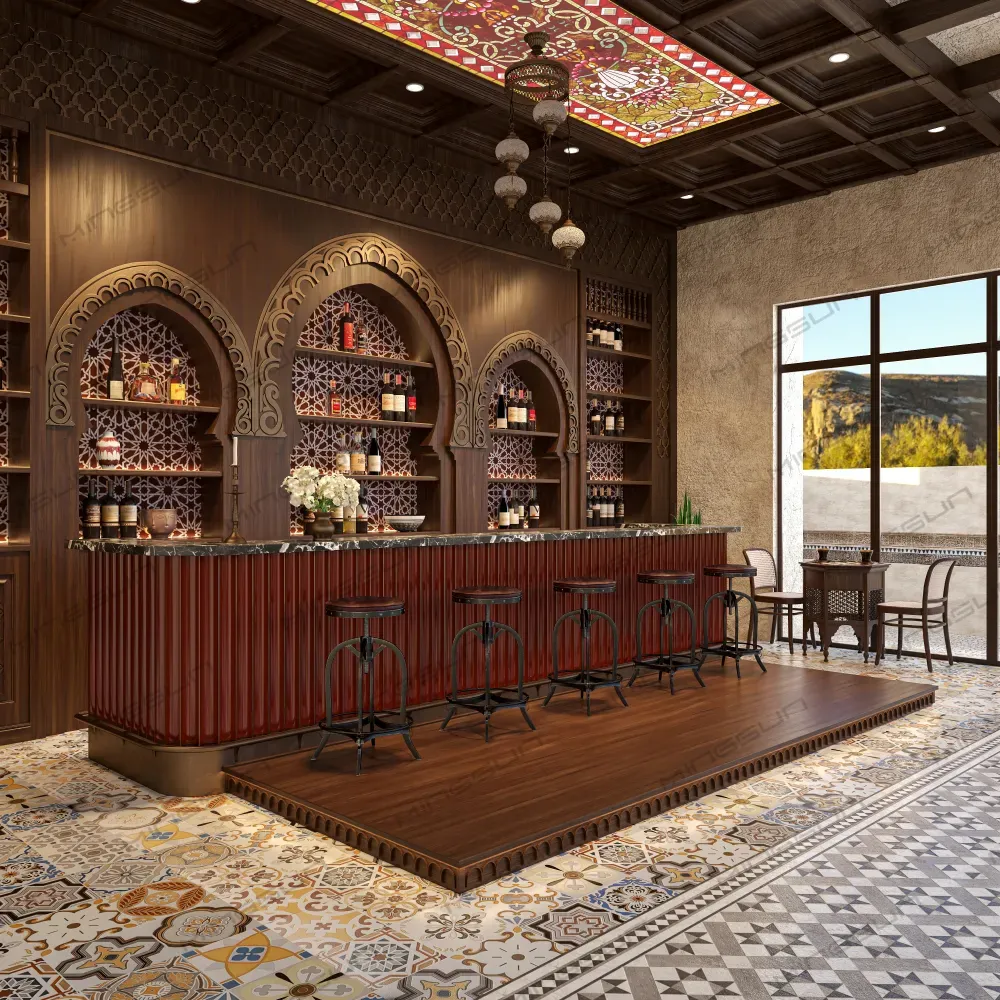 arabic style hotel bar counter with red fluted paneling and luxury black marble top for exotic theme lounge interior - MINGSUN arabic style hotel bar counter with red fluted paneling and luxury black marble top for exotic theme lounge interior - MINGSUN
