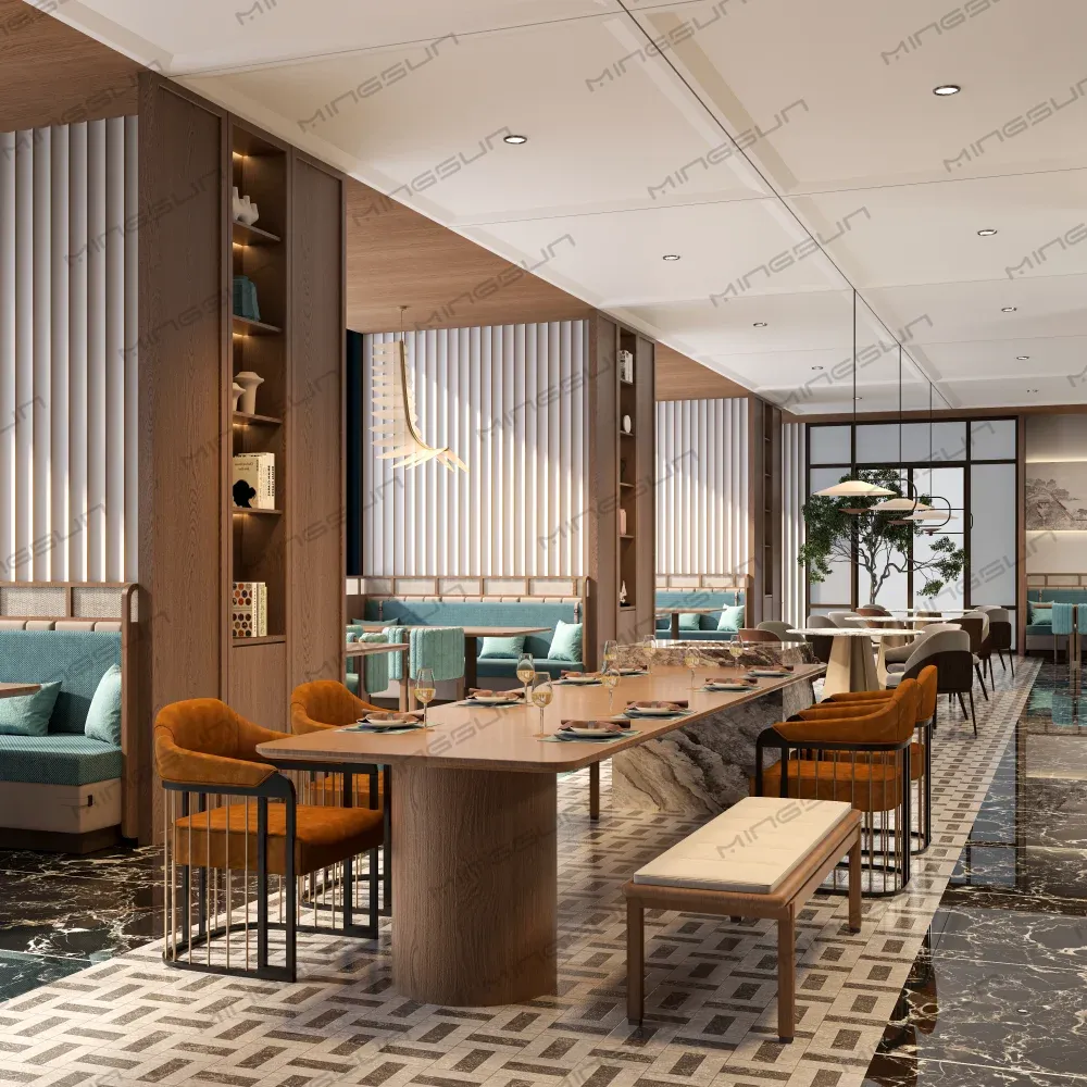 Elegant restaurant interior with light wood tones, teal accents, and long communal table. - MINGSUN Elegant restaurant interior with light wood tones, teal accents, and long communal table. - MINGSUN
