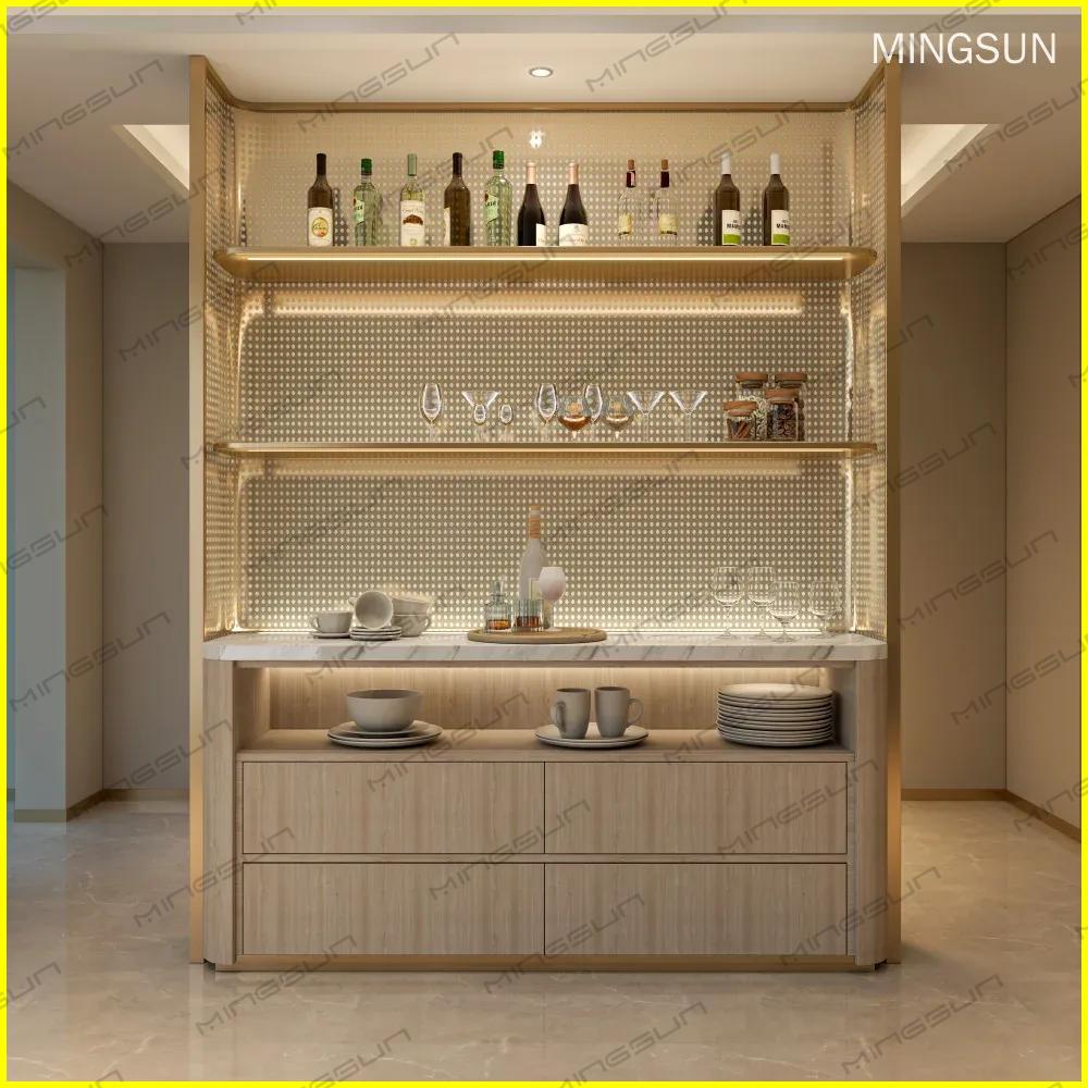 Interior shot of a modern sideboard with liquor bottles, glassware, and dinnerware displayed on illuminated shelves and a marble countertop. - MINGSUN