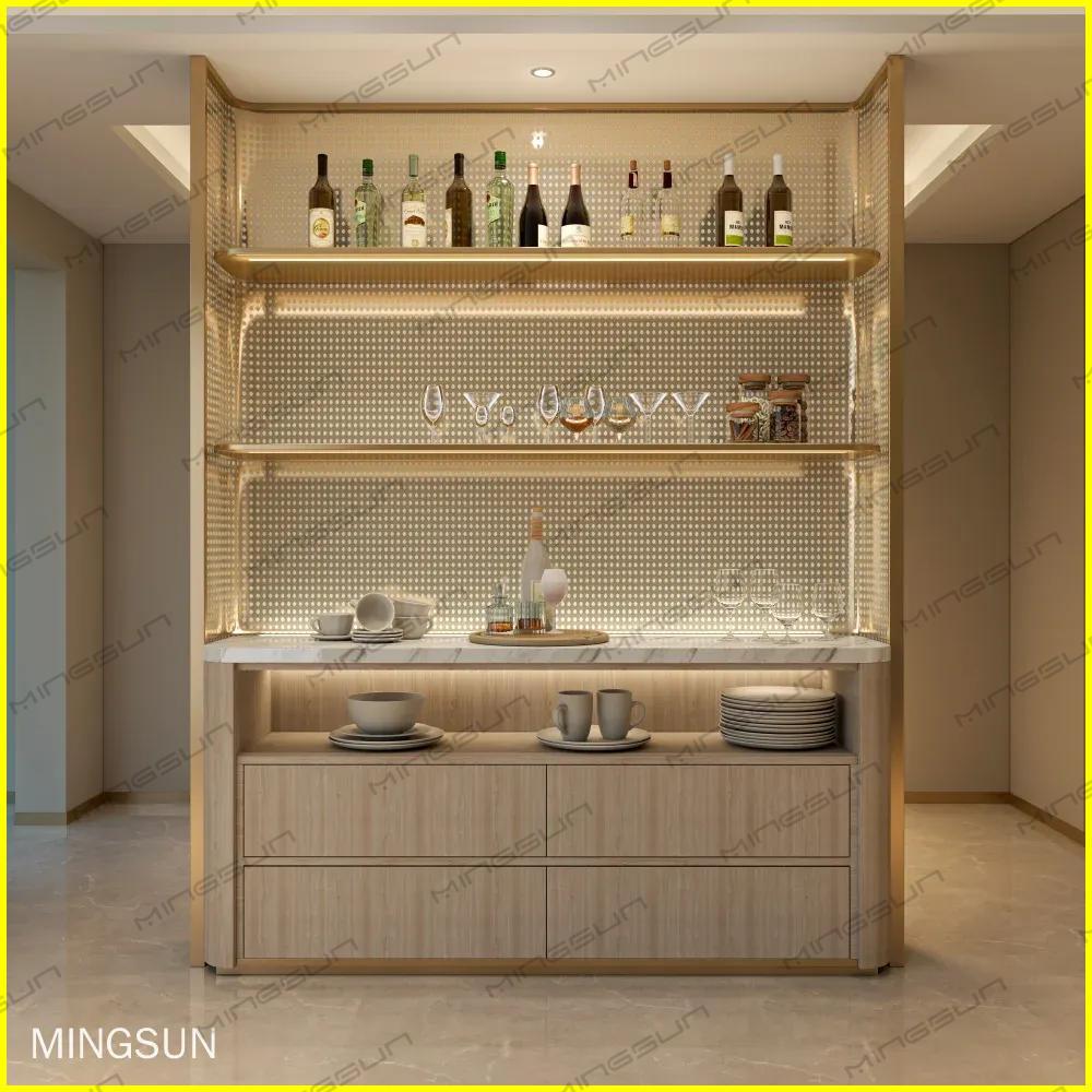 Interior shot of a modern sideboard with liquor bottles, glassware, and dinnerware displayed on illuminated shelves and a marble countertop. - MINGSUN