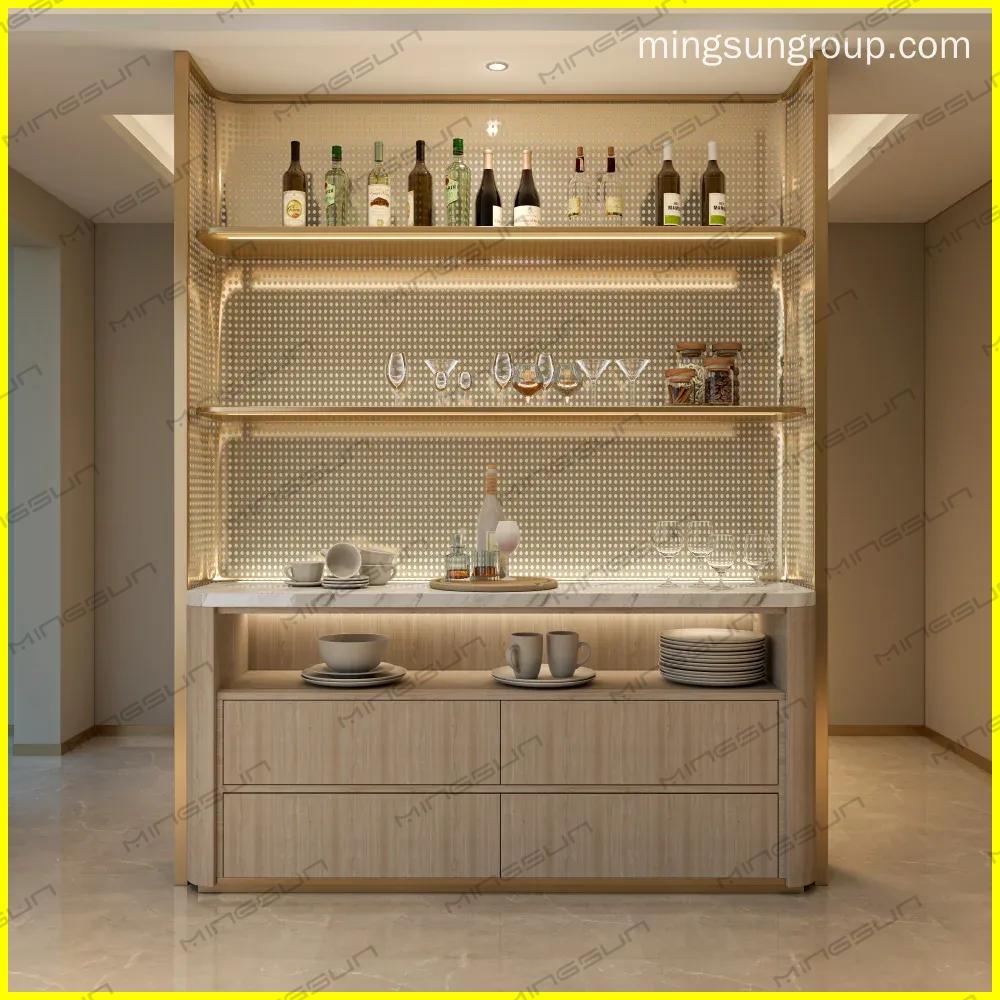 Interior shot of a modern sideboard with liquor bottles, glassware, and dinnerware displayed on illuminated shelves and a marble countertop. - MINGSUN