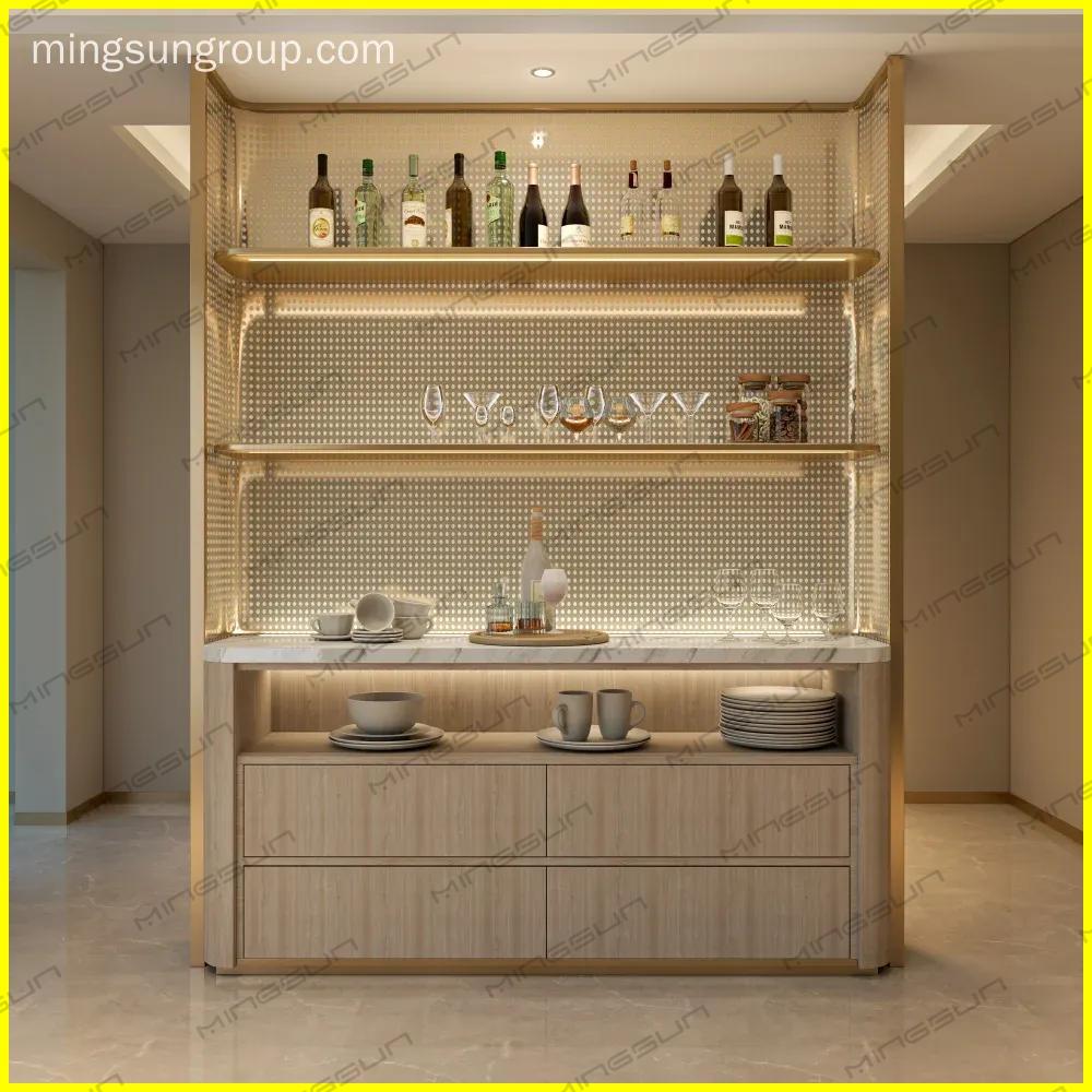 Interior shot of a modern sideboard with liquor bottles, glassware, and dinnerware displayed on illuminated shelves and a marble countertop. - MINGSUN