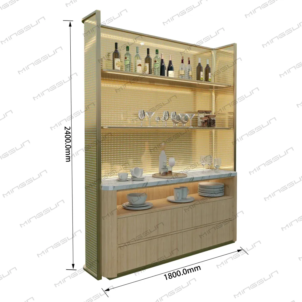Modern display cabinet with marble countertop, bottles, glassware, and dimensions. - MINGSUN