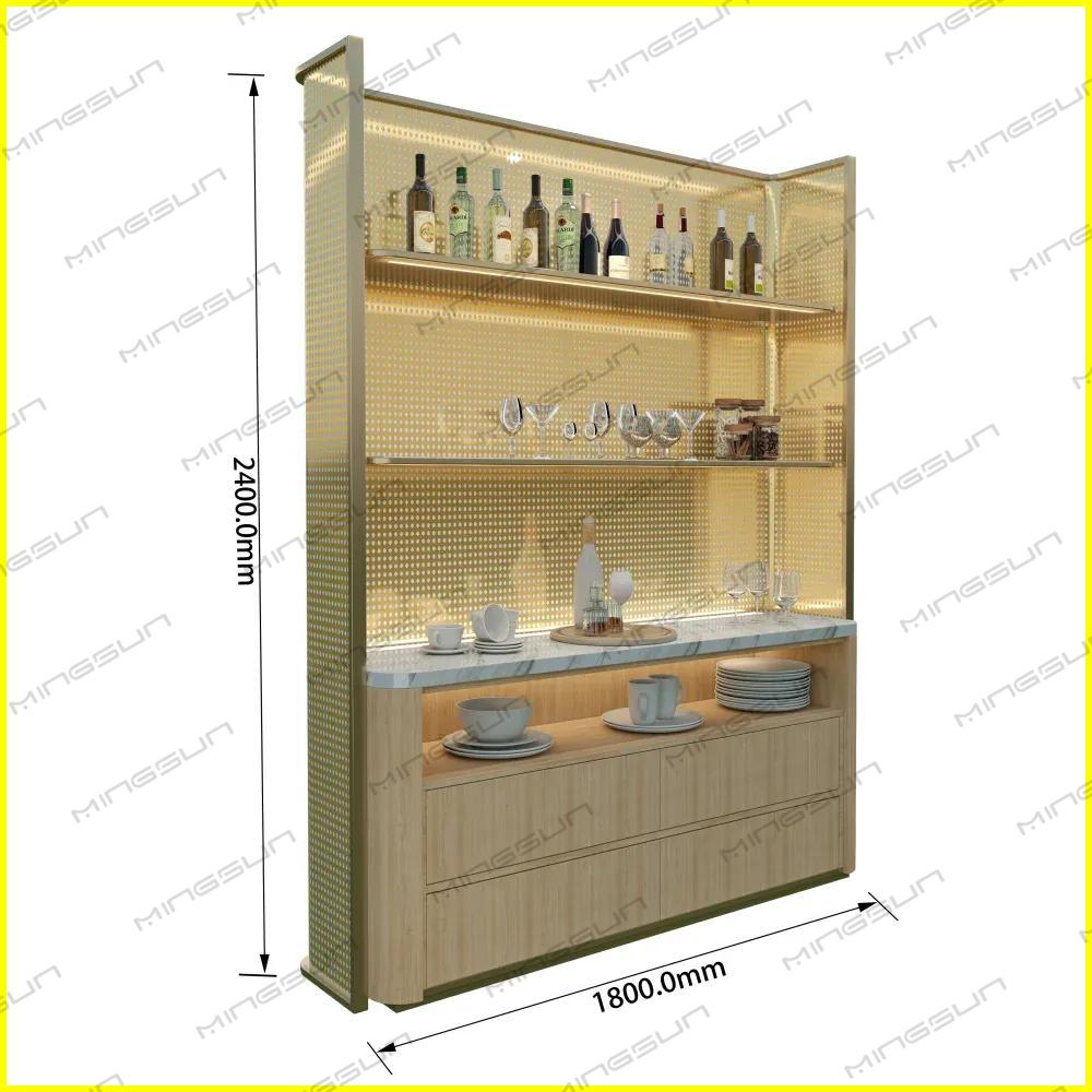 Modern display cabinet with marble countertop, bottles, glassware, and dimensions. - MINGSUN