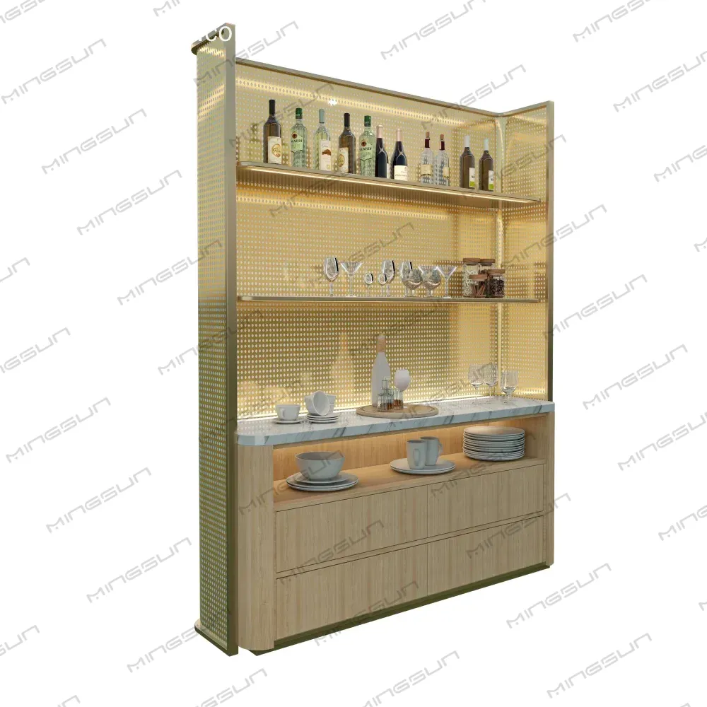 Modern bar cabinet with marble countertop, wood drawers, and open shelving with gold accents. - MINGSUN
