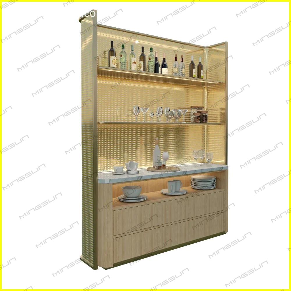 Modern bar cabinet with marble countertop, wood drawers, and open shelving with gold accents. - MINGSUN