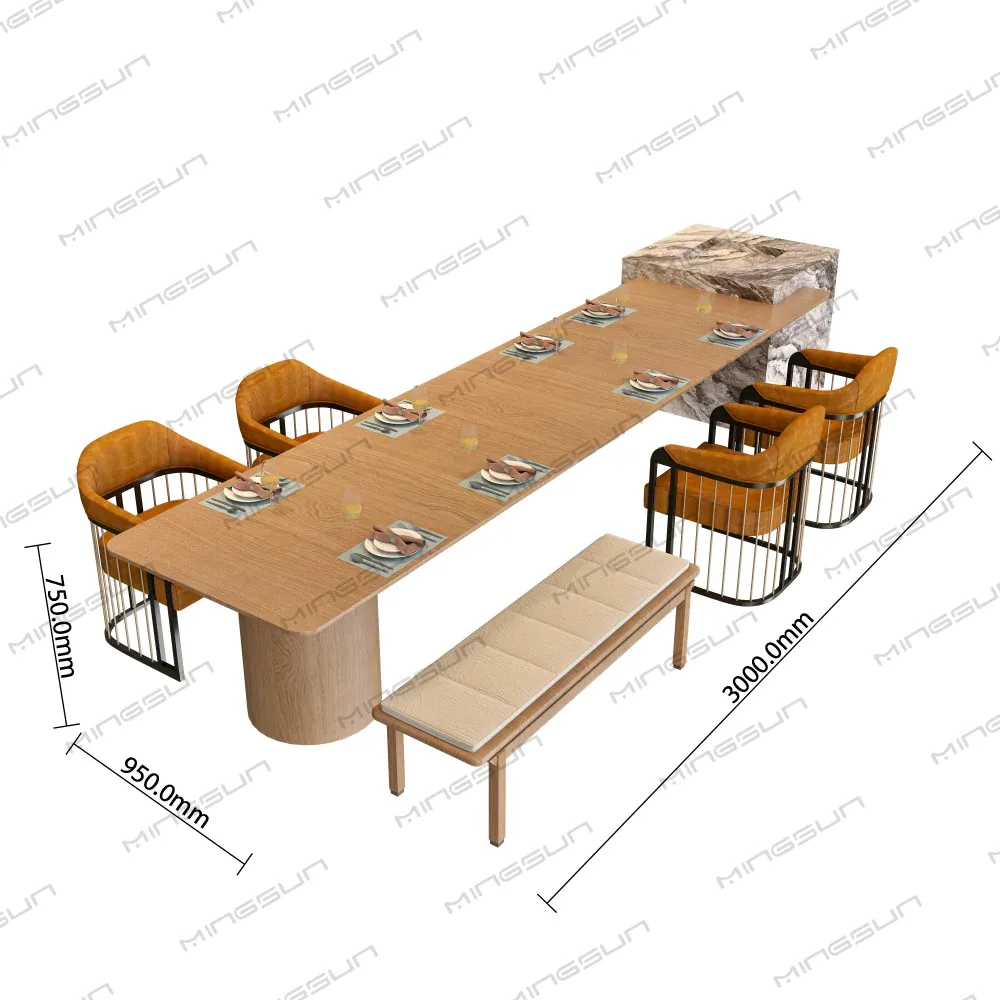 Long dining table with place settings, orange chairs, and a bench with dimensions. - MINGSUN Long dining table with place settings, orange chairs, and a bench with dimensions. - MINGSUN