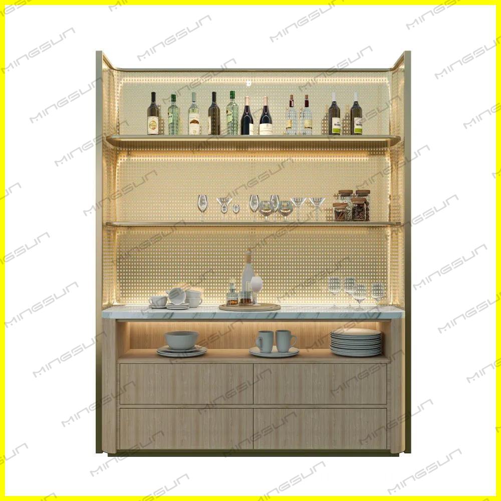 Well-lit bar cabinet with bottles, glasses, and tableware. - MINGSUN