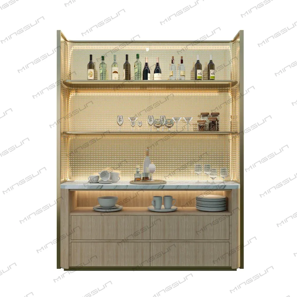 Well-lit bar cabinet with bottles, glasses, and tableware. - MINGSUN