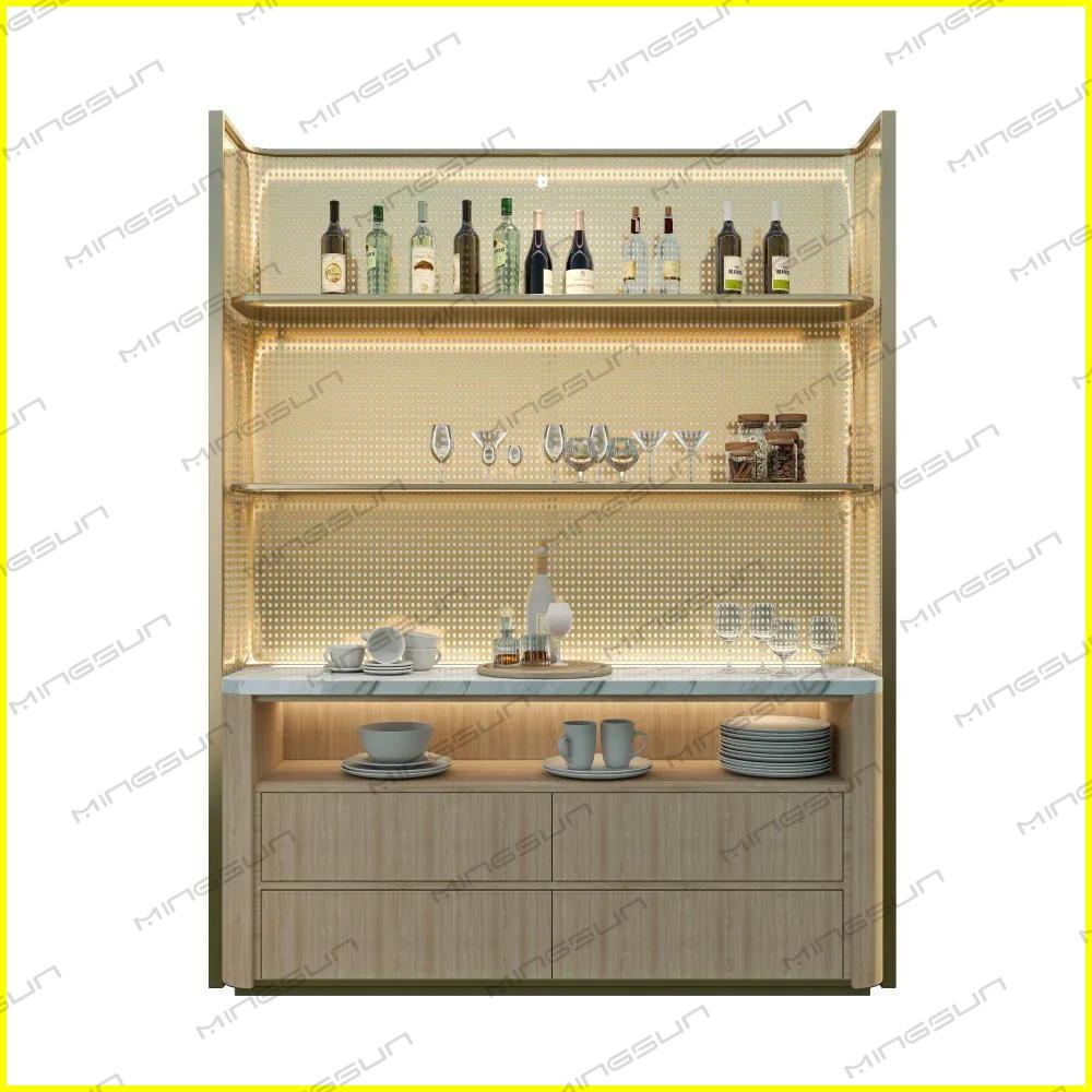 Well-lit bar cabinet with bottles, glasses, and tableware. - MINGSUN