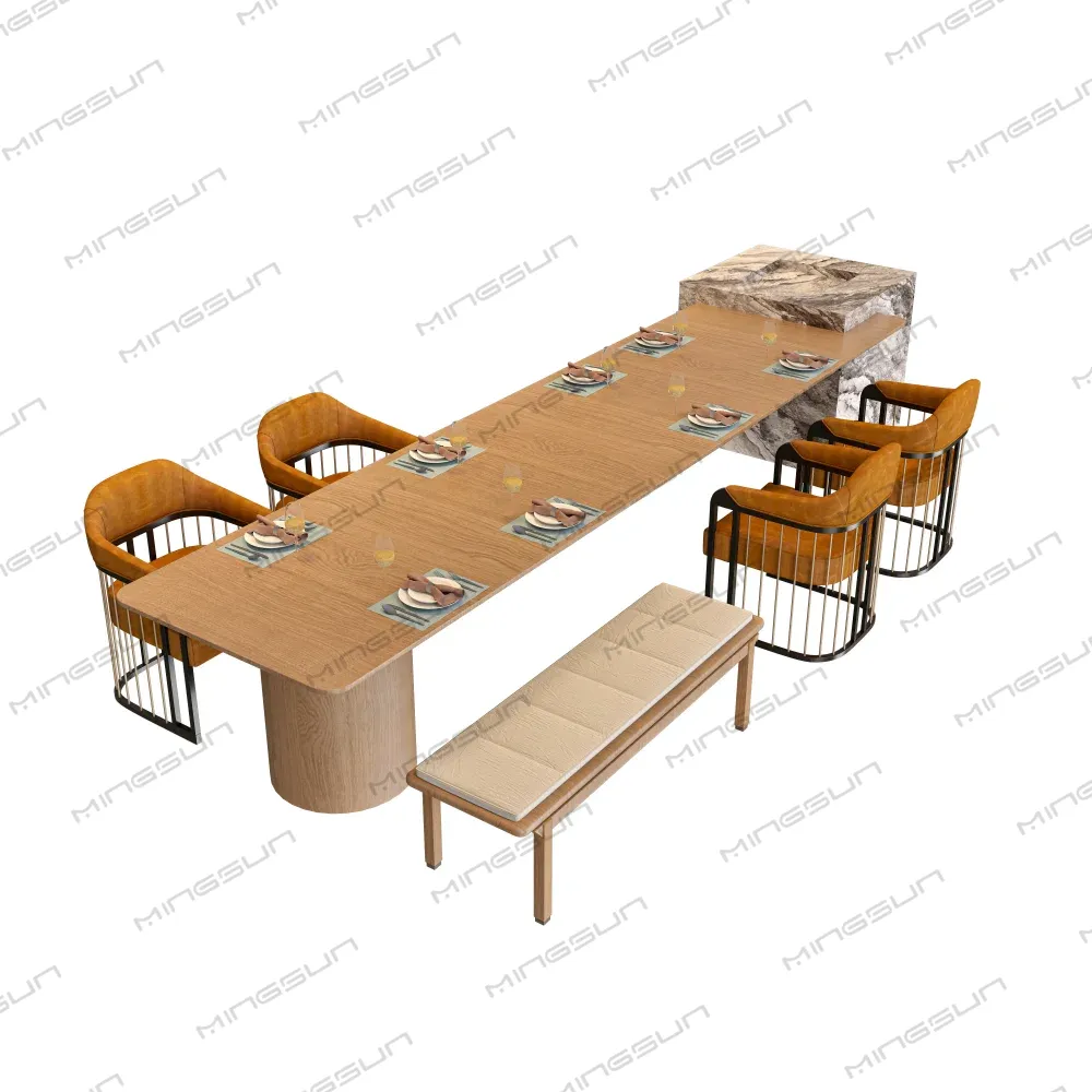 Dining room set with a long wooden table, six chairs, a bench, and place settings. - MINGSUN Dining room set with a long wooden table, six chairs, a bench, and place settings. - MINGSUN