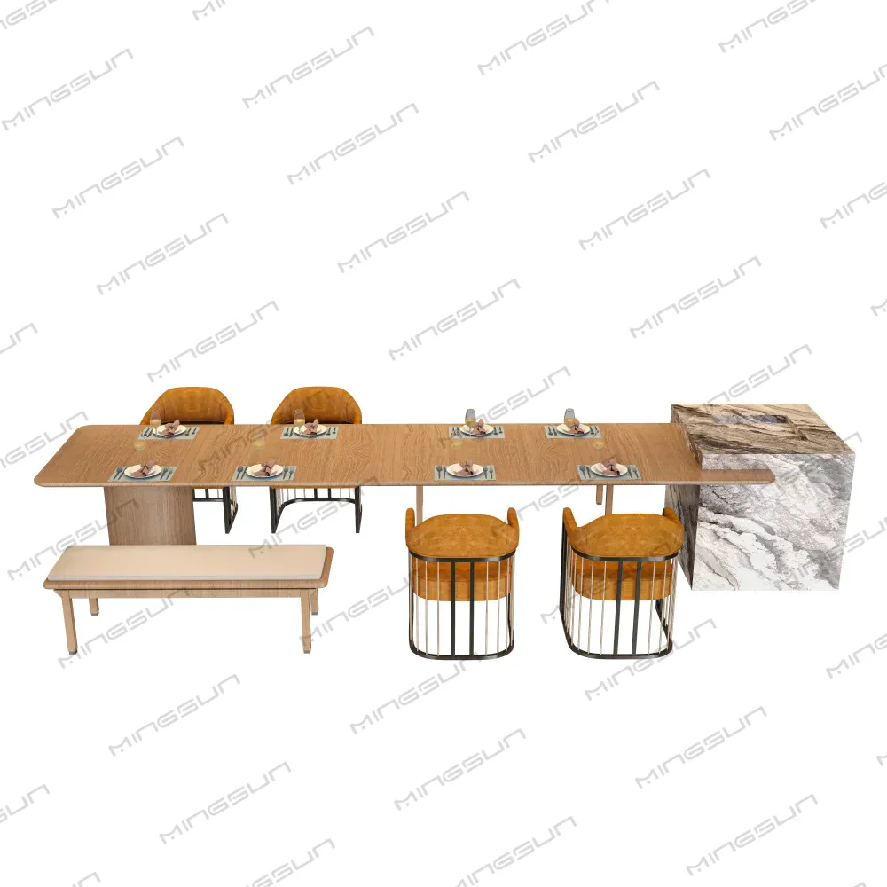 Dining room set with a long wood table, tan chairs, bench seating, and a marble countertop. - MINGSUN Dining room set with a long wood table, tan chairs, bench seating, and a marble countertop. - MINGSUN
