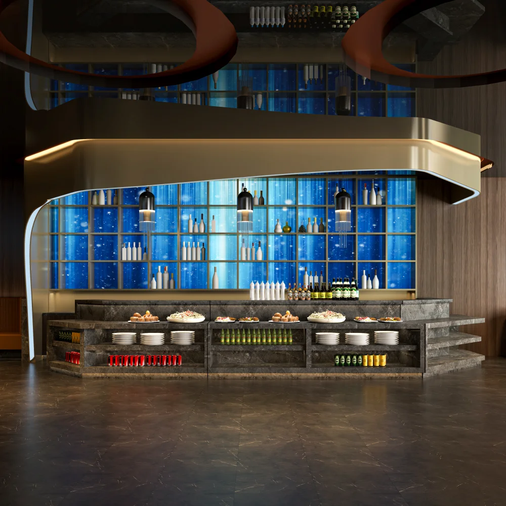 Luxurious restaurant buffet with a blue illuminated backdrop and marble counters.