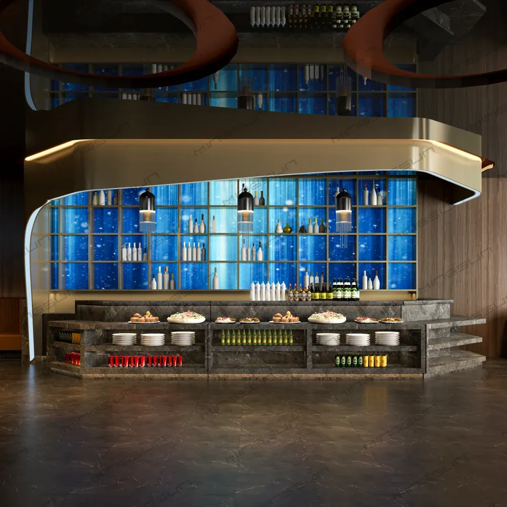 Luxurious restaurant buffet with a blue illuminated backdrop and marble counters. - MINGSUN