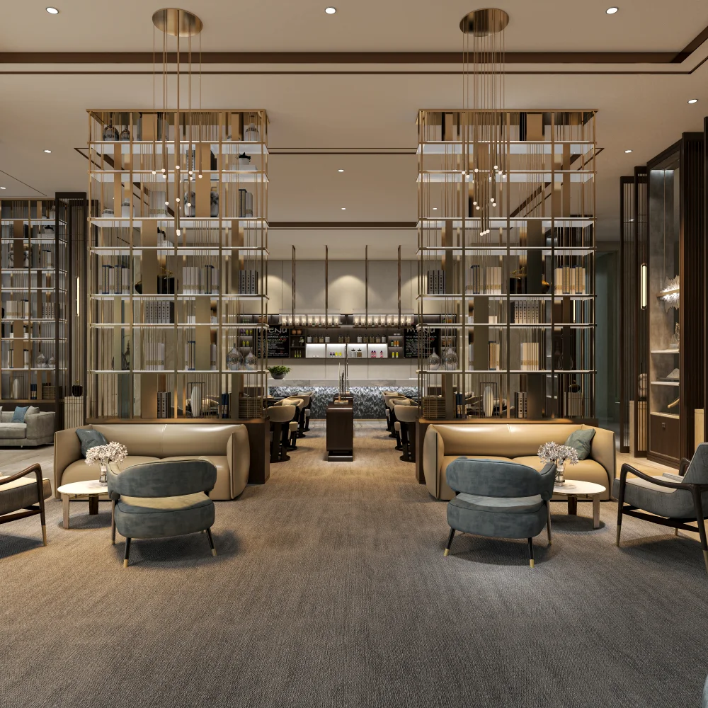 Hotel lobby lounge with sofas, armchairs, and open shelving separating the bar area. Hotel lobby lounge with sofas, armchairs, and open shelving separating the bar area.