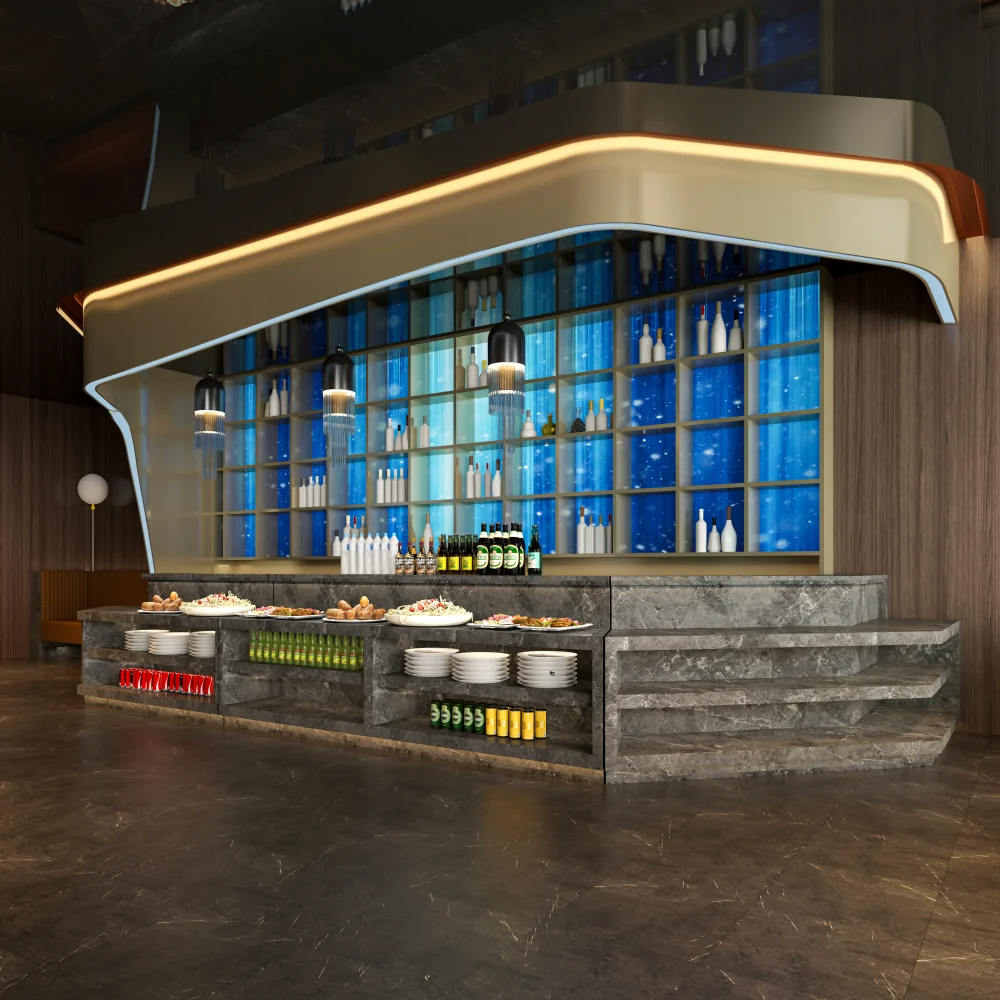 Modern bar with tiered stone counter, backlit display shelves filled with bottles, and buffet-style food. - MINGSUN