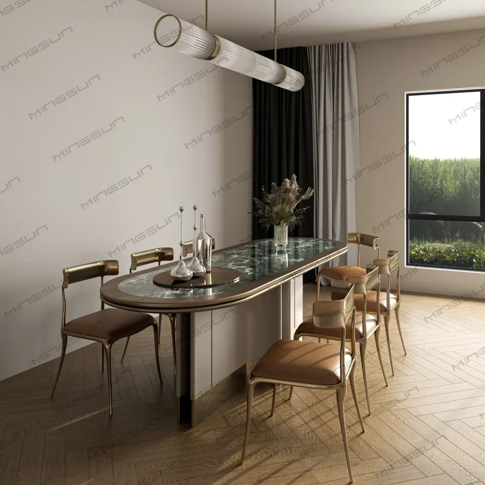 Elegant dining room featuring a marble-topped table, bronze chairs, and modern chandelier. - MINGSUN Elegant dining room featuring a marble-topped table, bronze chairs, and modern chandelier. - MINGSUN