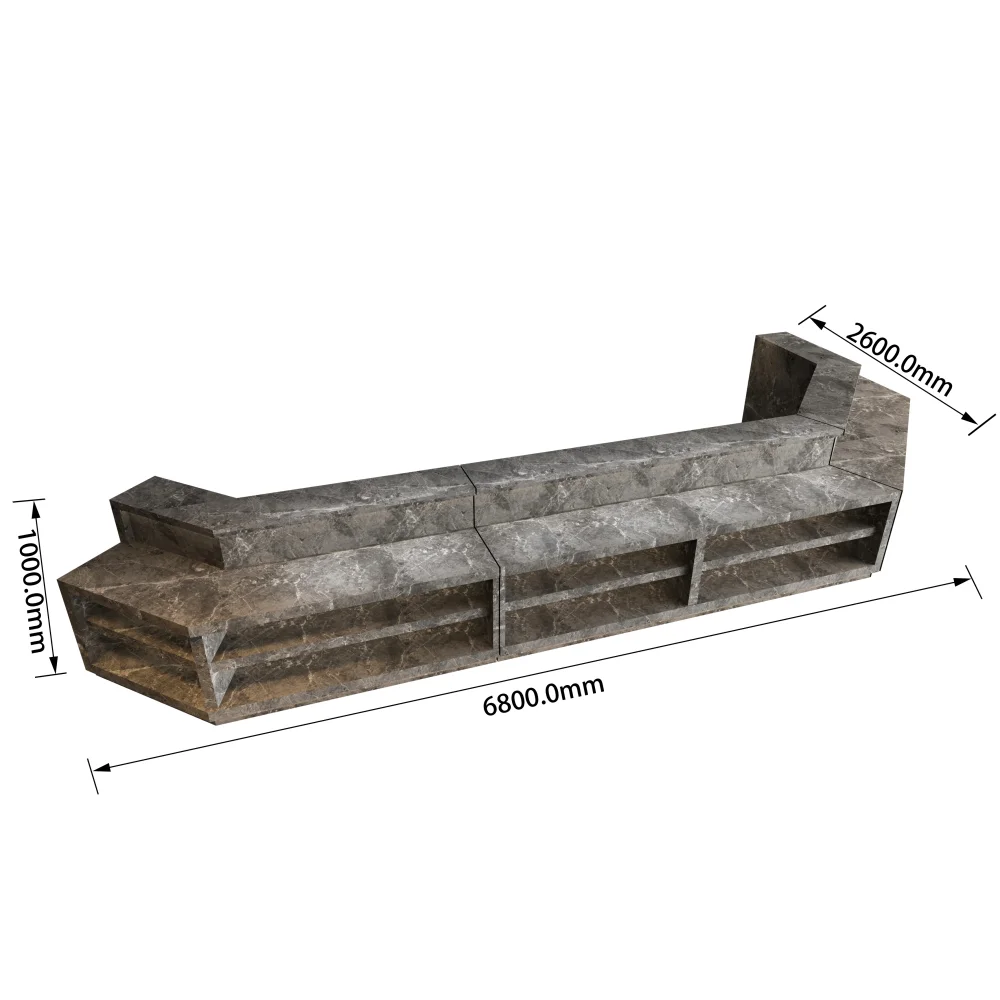Technical drawing of a 6800mm long, marble-patterned retail counter with shelving, showing dimensions.