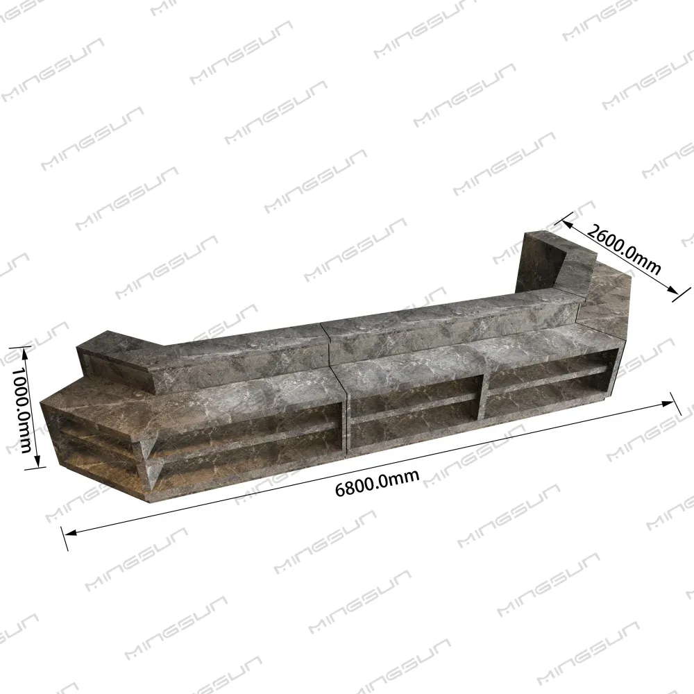 Technical drawing of a 6800mm long, marble-patterned retail counter with shelving, showing dimensions. - MINGSUN