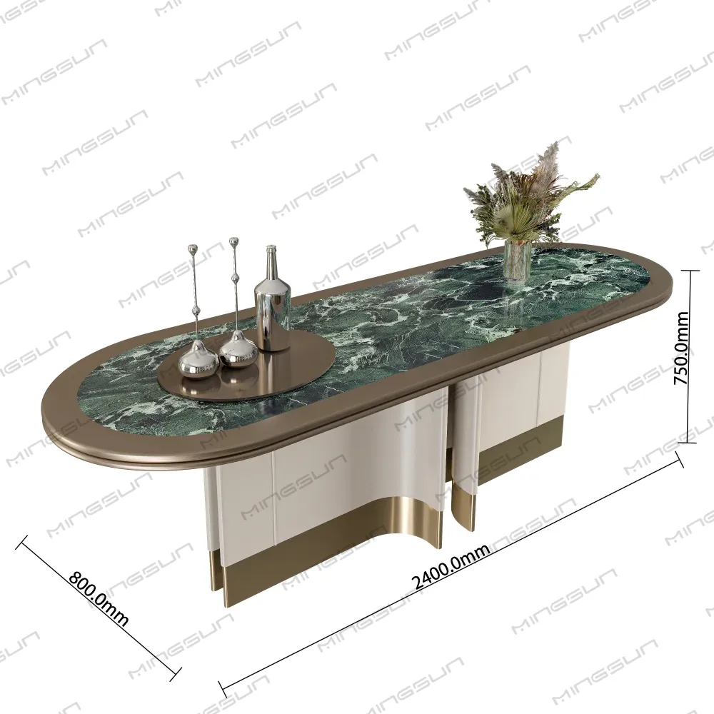 Oval dining table with a green marble top, dimensions 2400mm x 800mm x 750mm. - MINGSUN Oval dining table with a green marble top, dimensions 2400mm x 800mm x 750mm. - MINGSUN